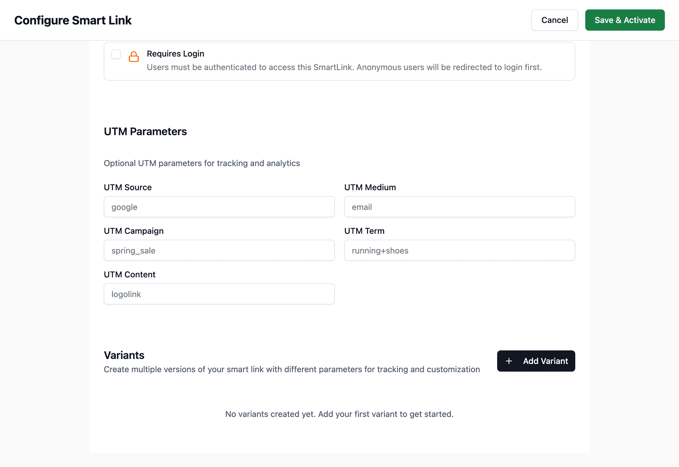 Create form showing UTM Parameters and the Variants block with the empty state and Add Variant