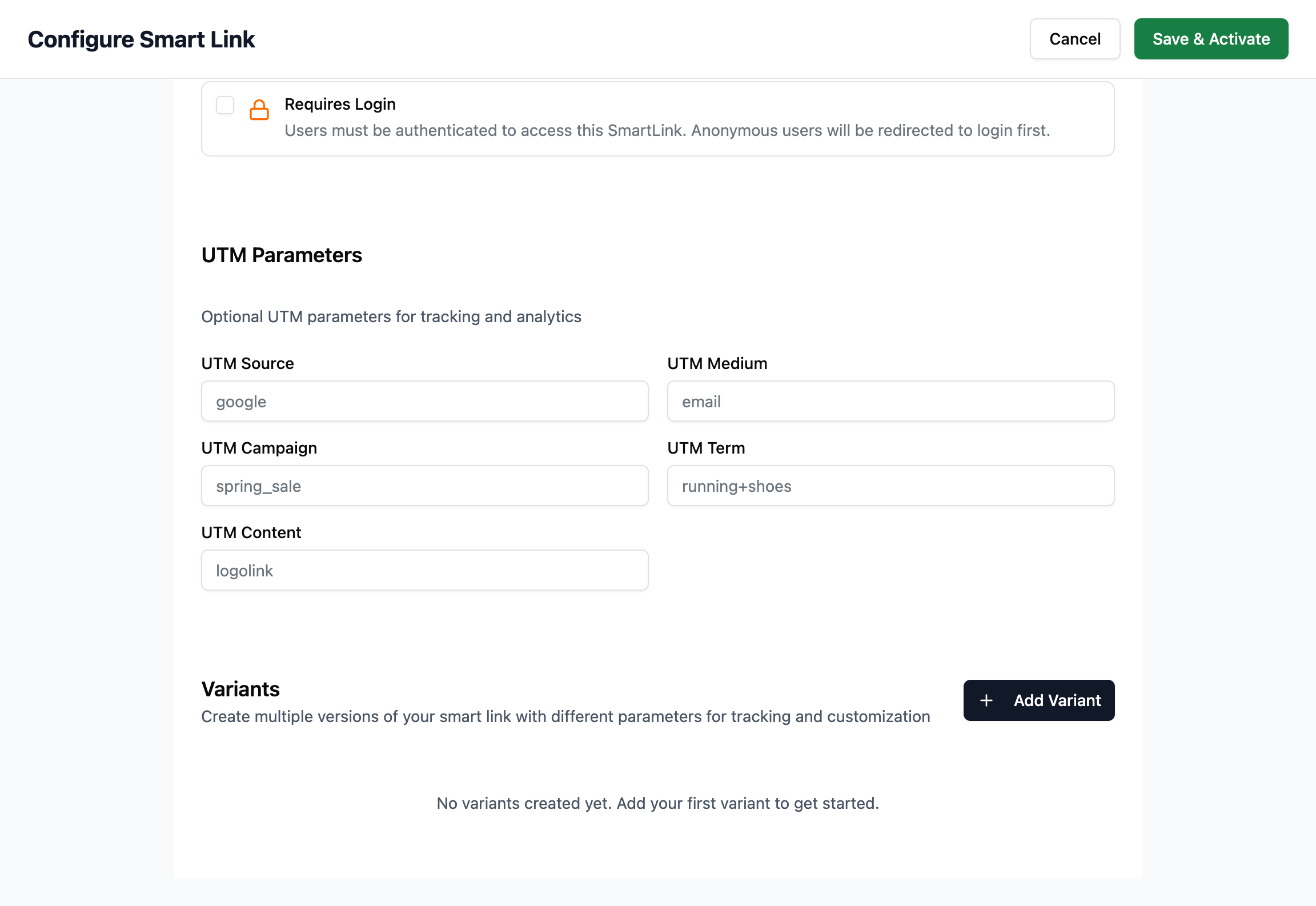 Formulaire de création : UTM et bloc Variants avec état vide et bouton Add Variant