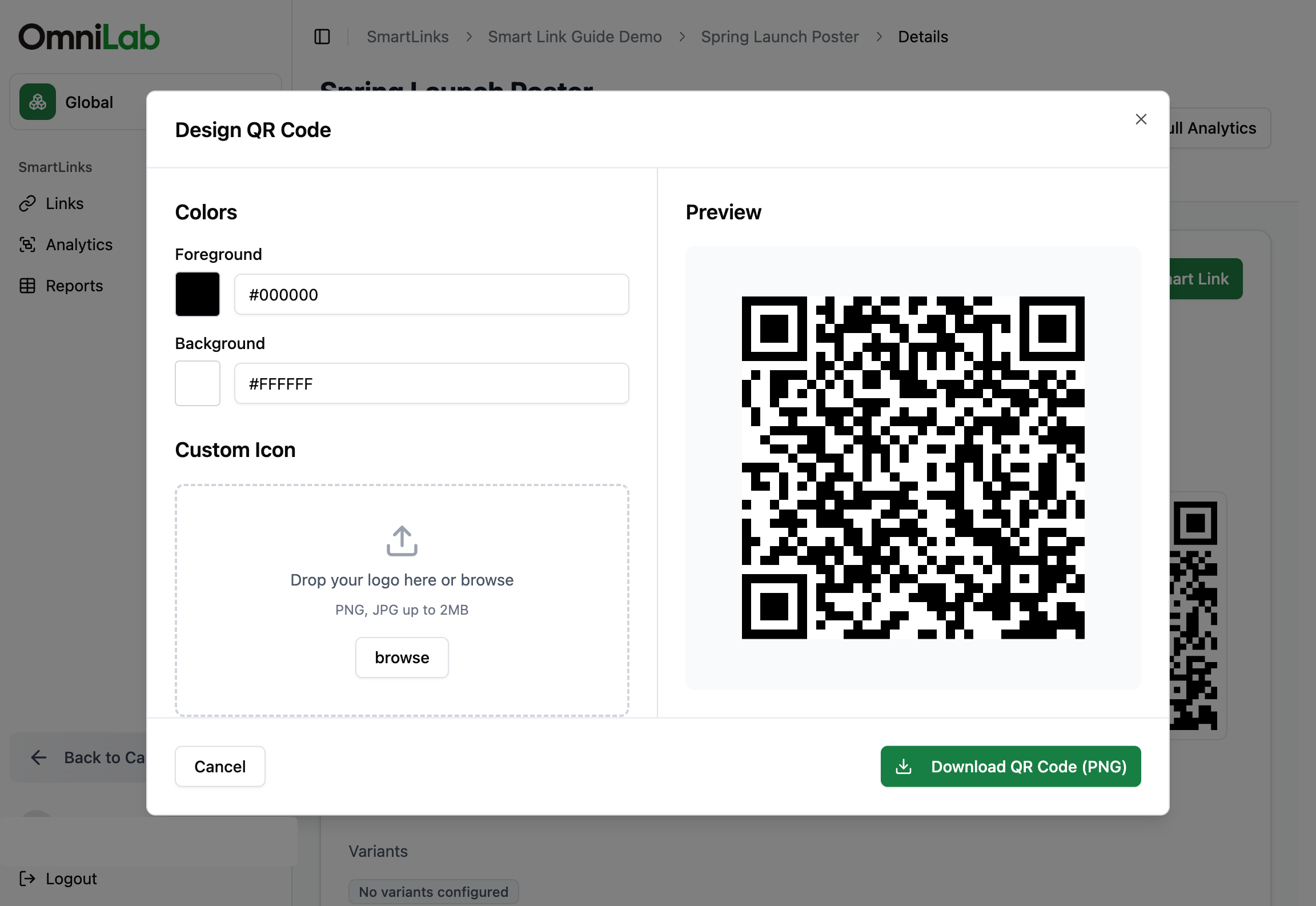 Design QR Code dialog with colors, variant list, formats, preview, and download actions