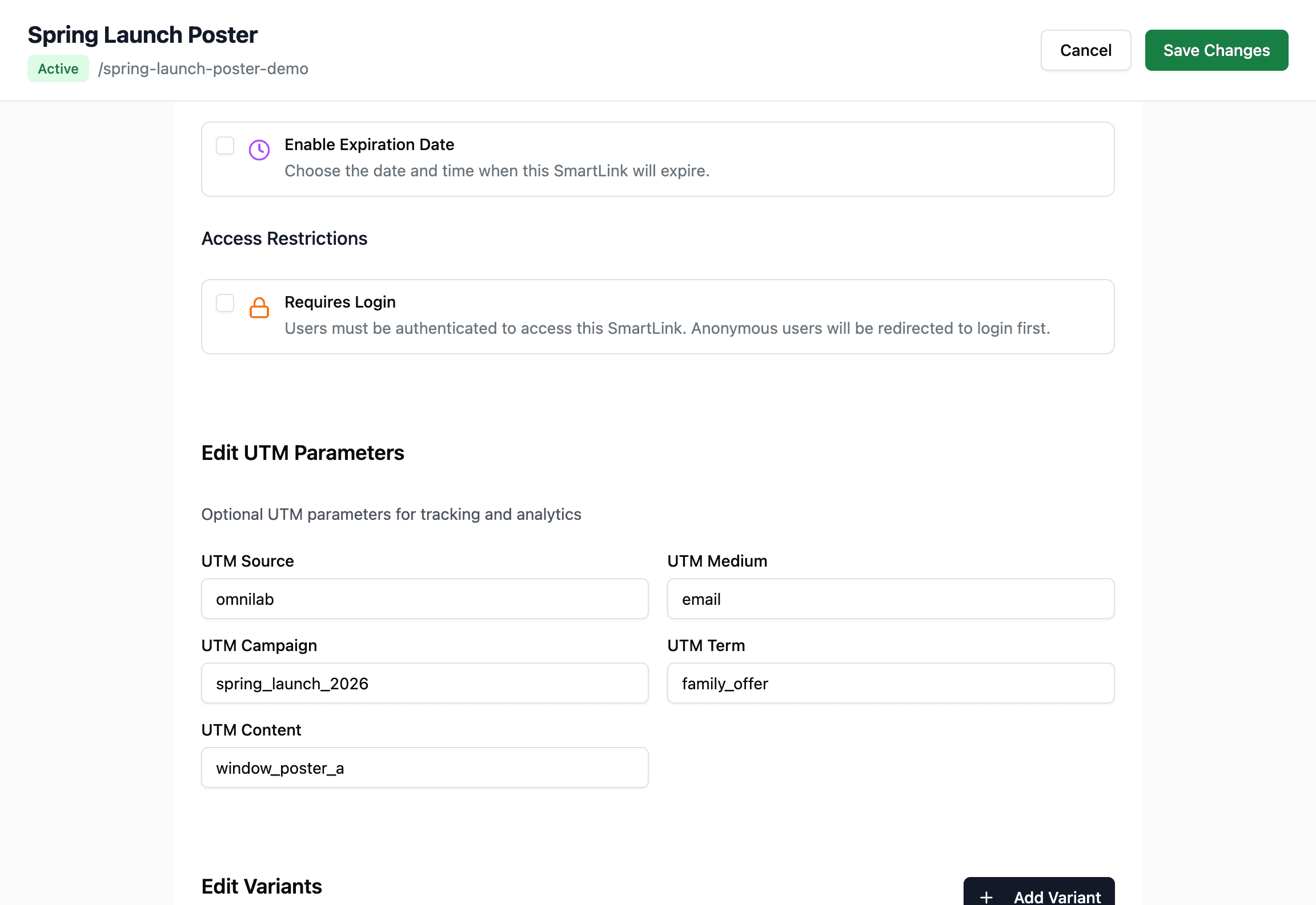 Edit Smart Link page showing the Edit UTM Parameters block with the five UTM fields filled for campaign tracking