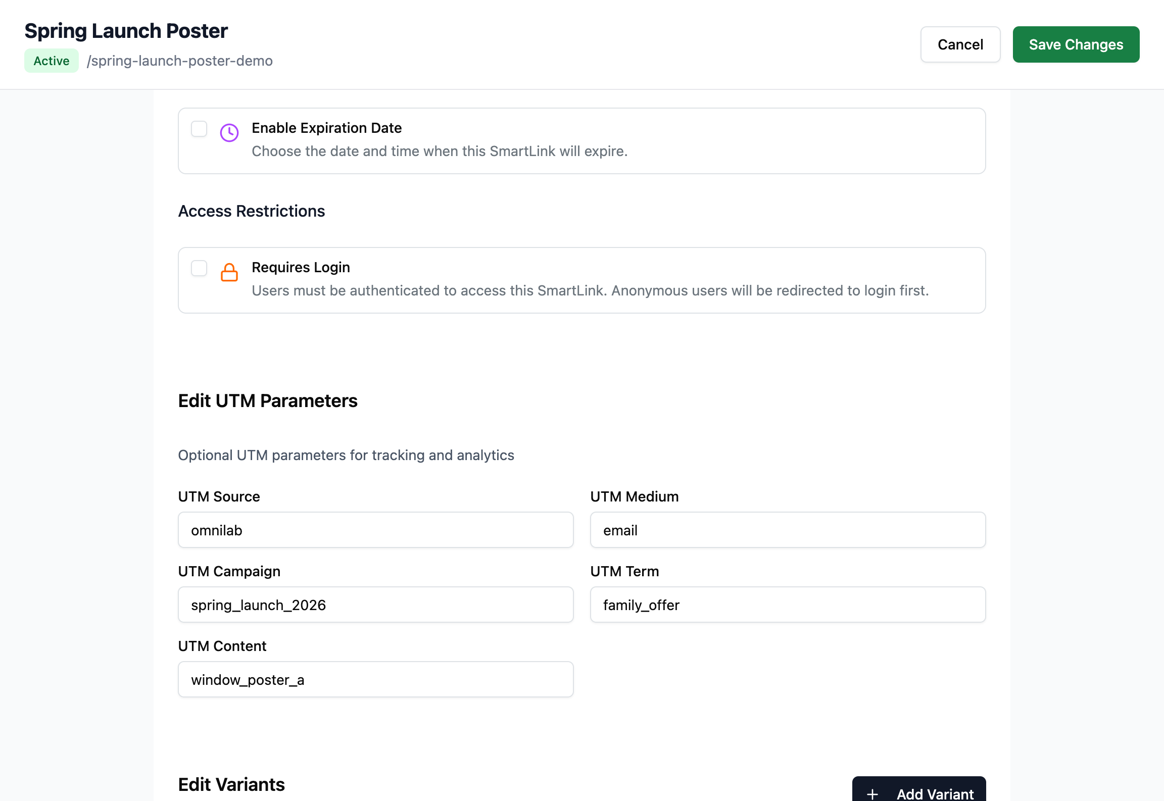 Edit OmniLab Smart Link page showing the Edit UTM Parameters block with the five UTM fields filled for campaign tracking