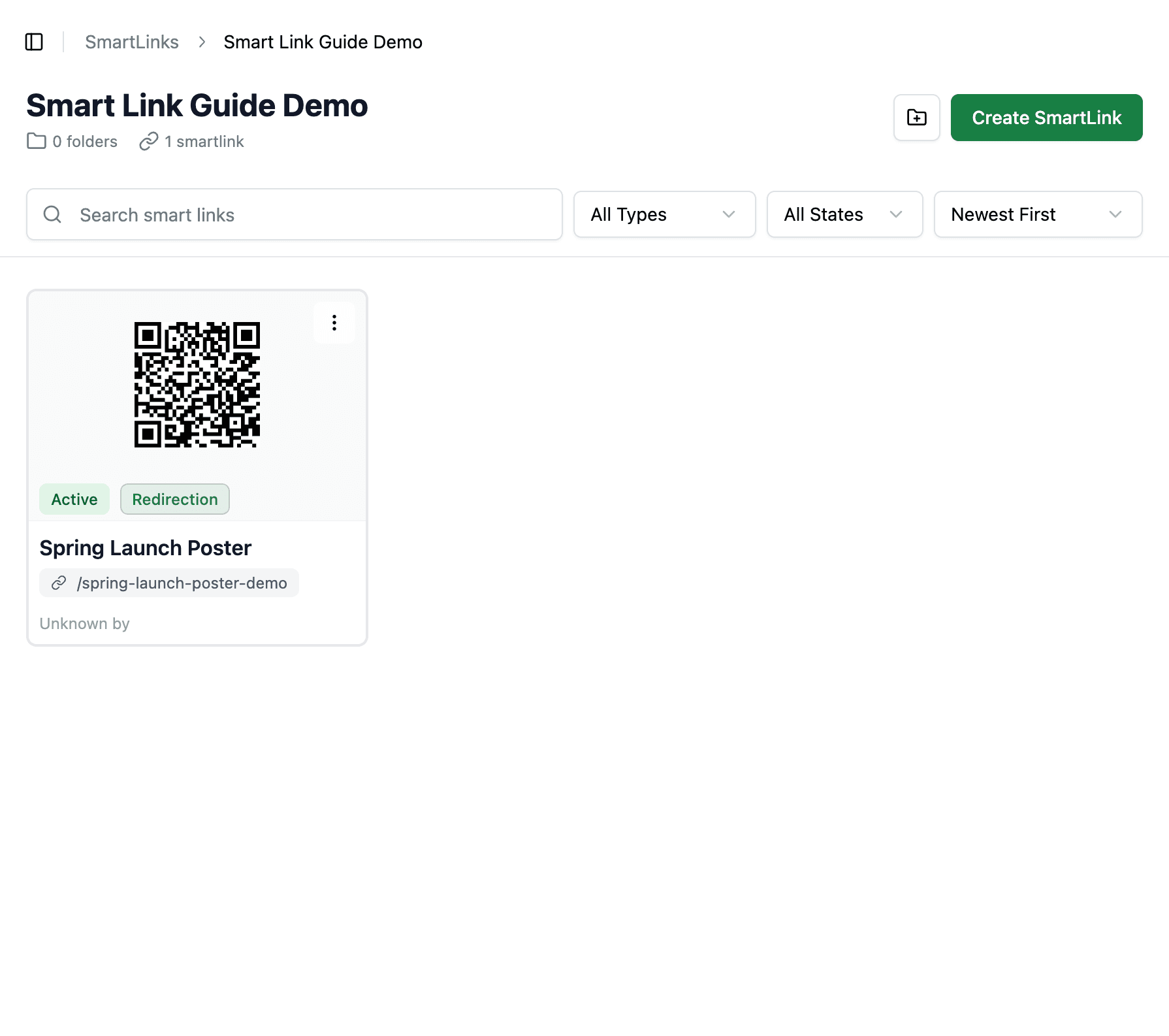 Links view inside a folder with Create SmartLink in the header