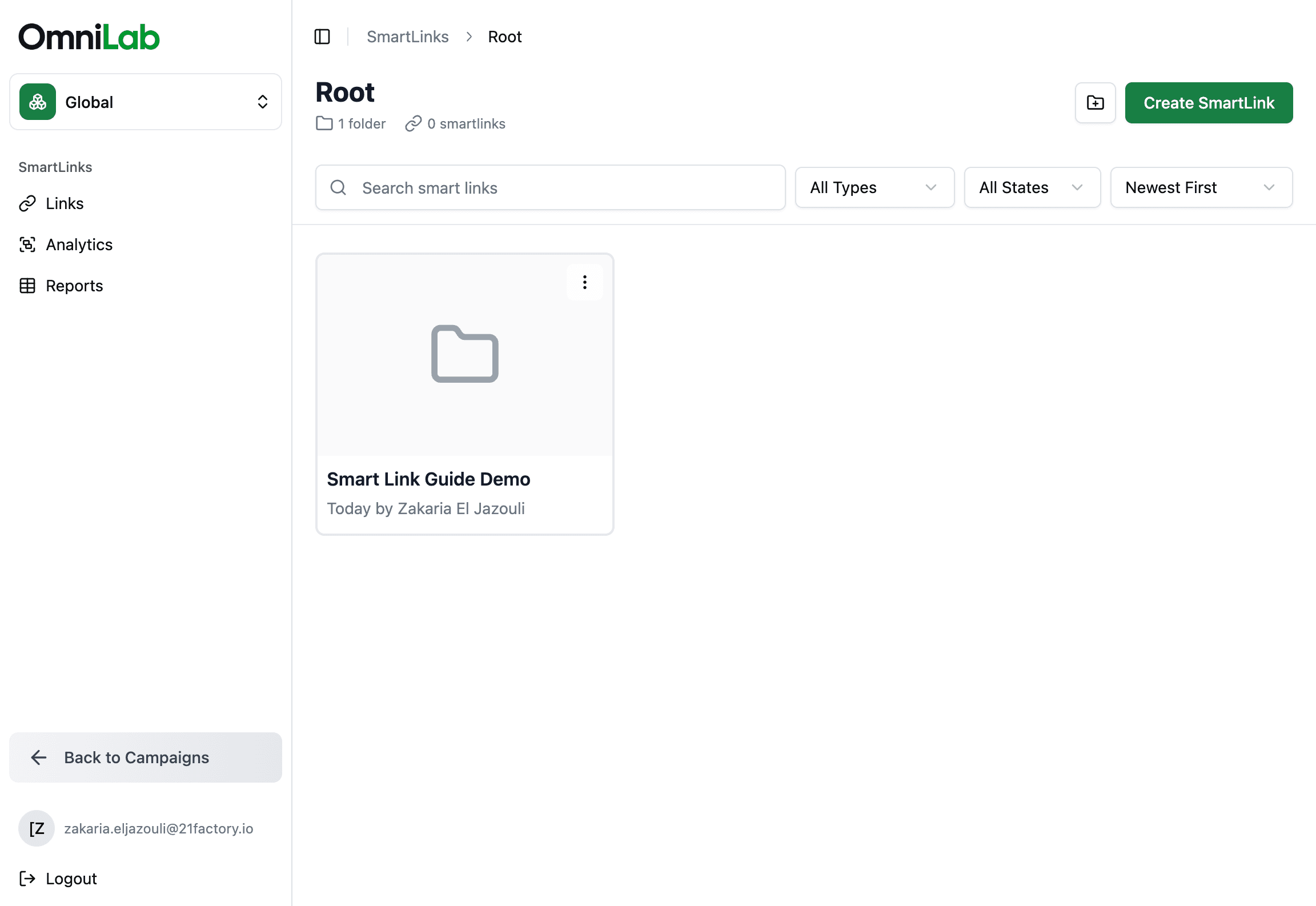 Smart Links Links view with search, filters, and Reports in the left navigation