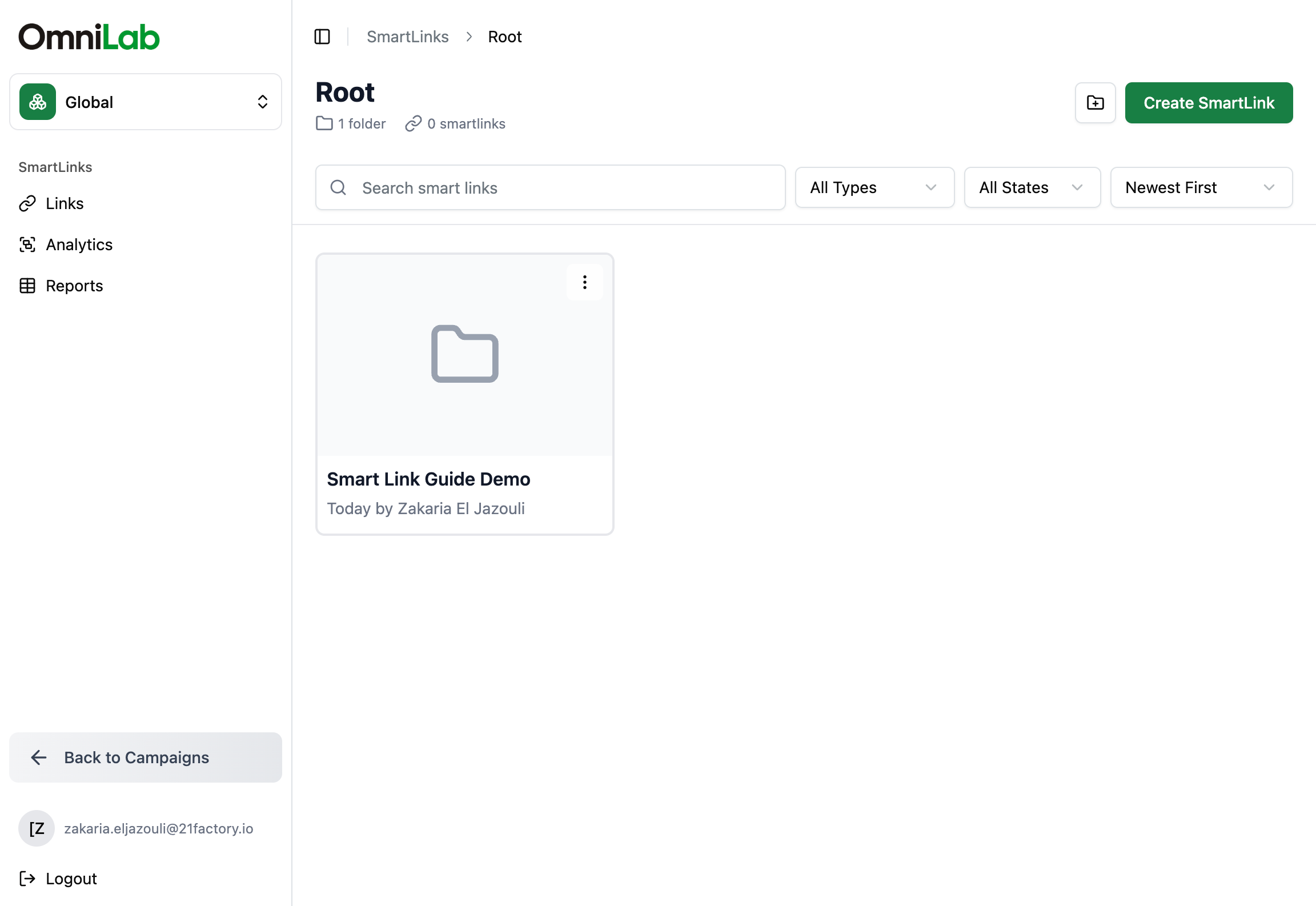 OmniLab Smart Links' Links view with search, filters, and Reports in the left navigation