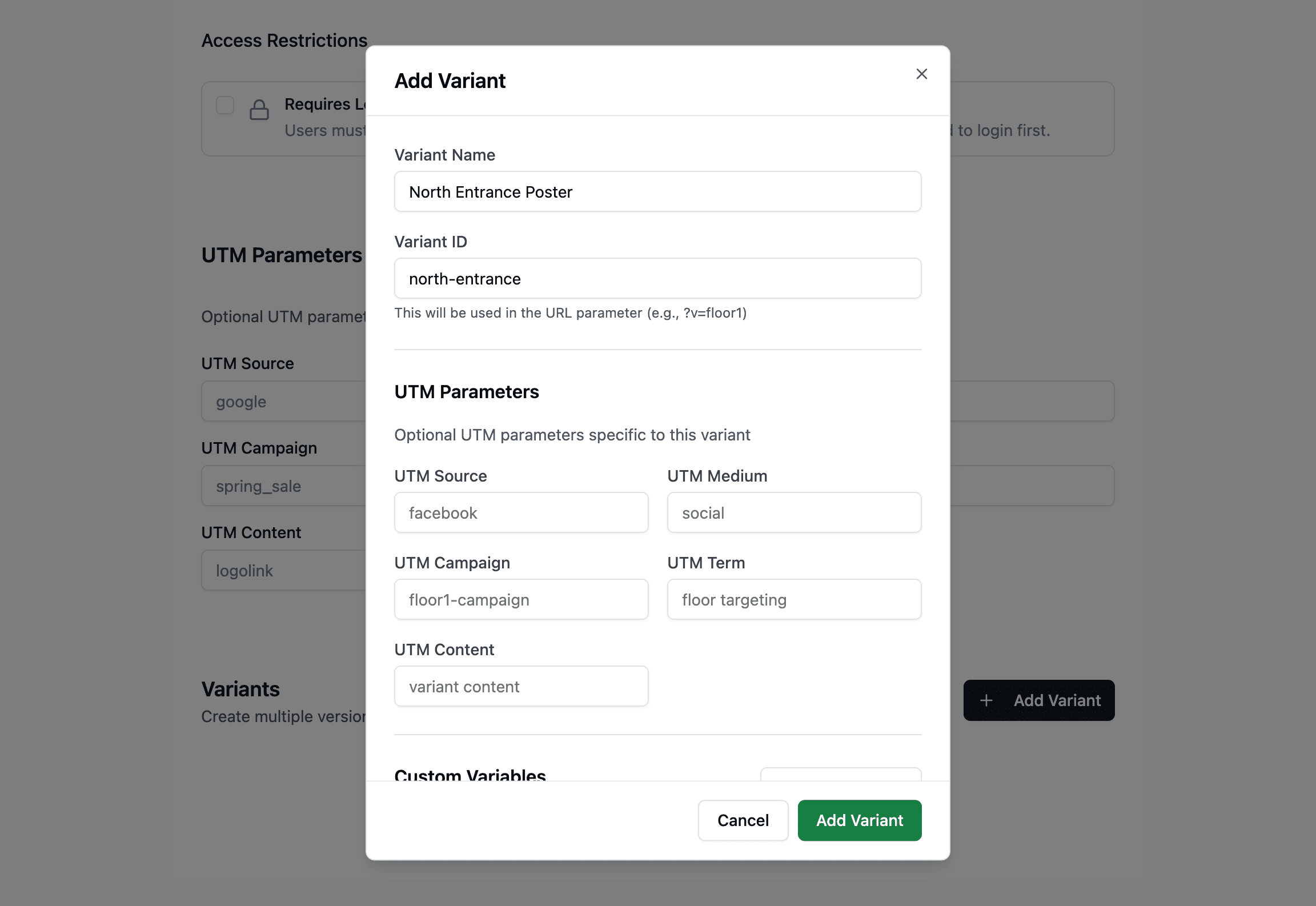 Add Variant dialog with Variant ID and optional UTM and Custom Variables