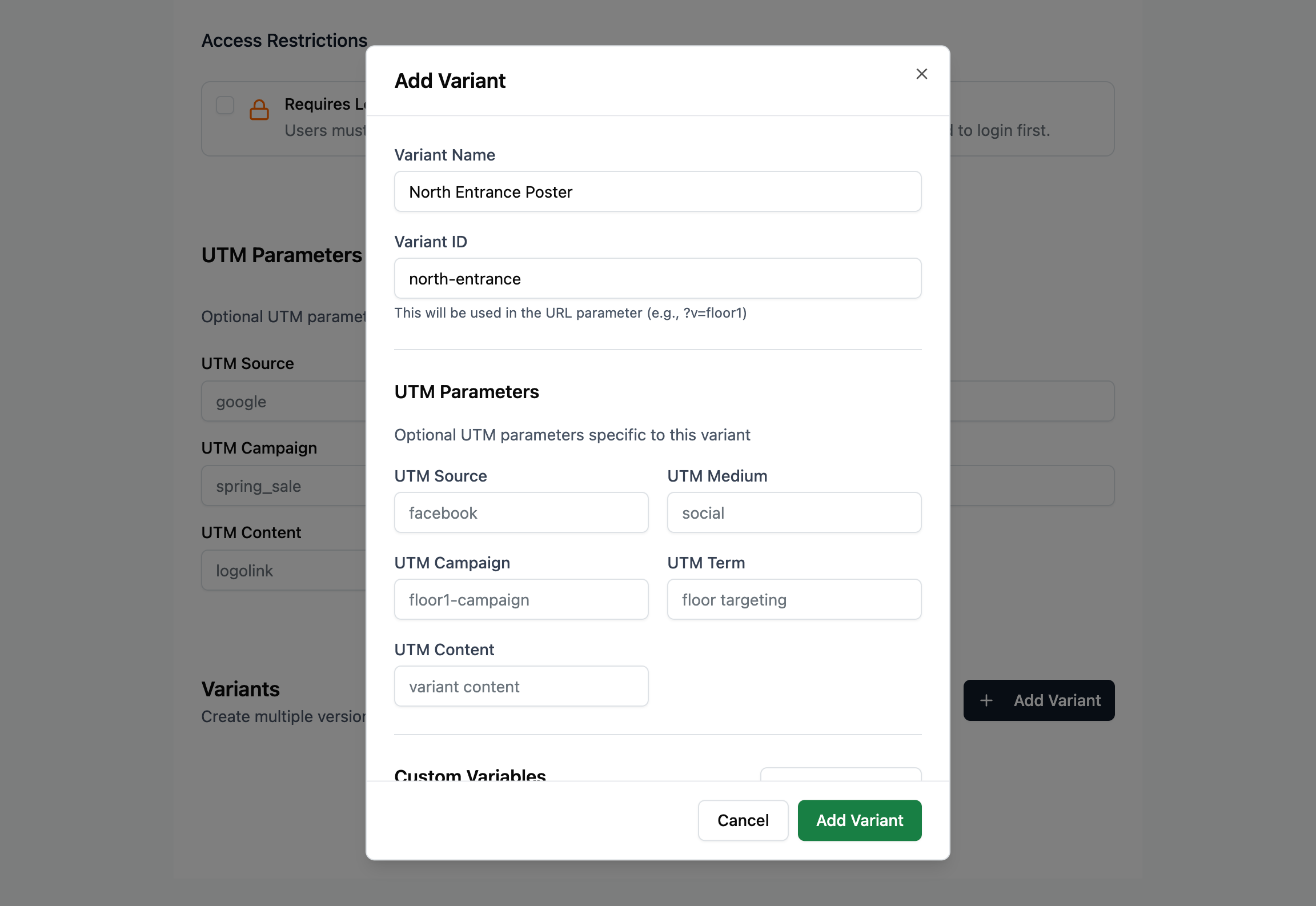 Add Variant dialog with Variant ID and optional UTM and Custom Variables