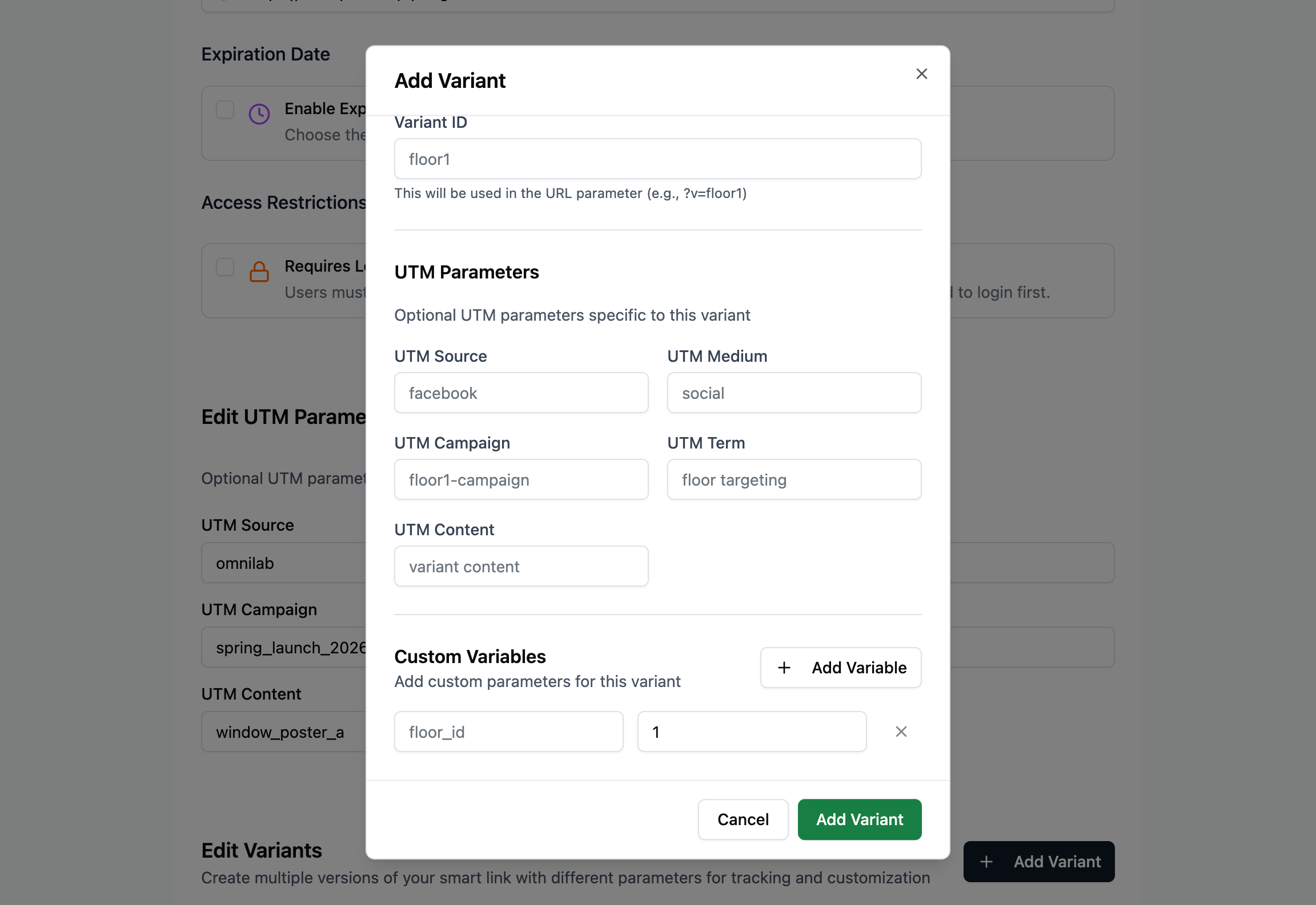 Add Variant dialog with variant UTM fields and a Custom Variables row (floor_id example)