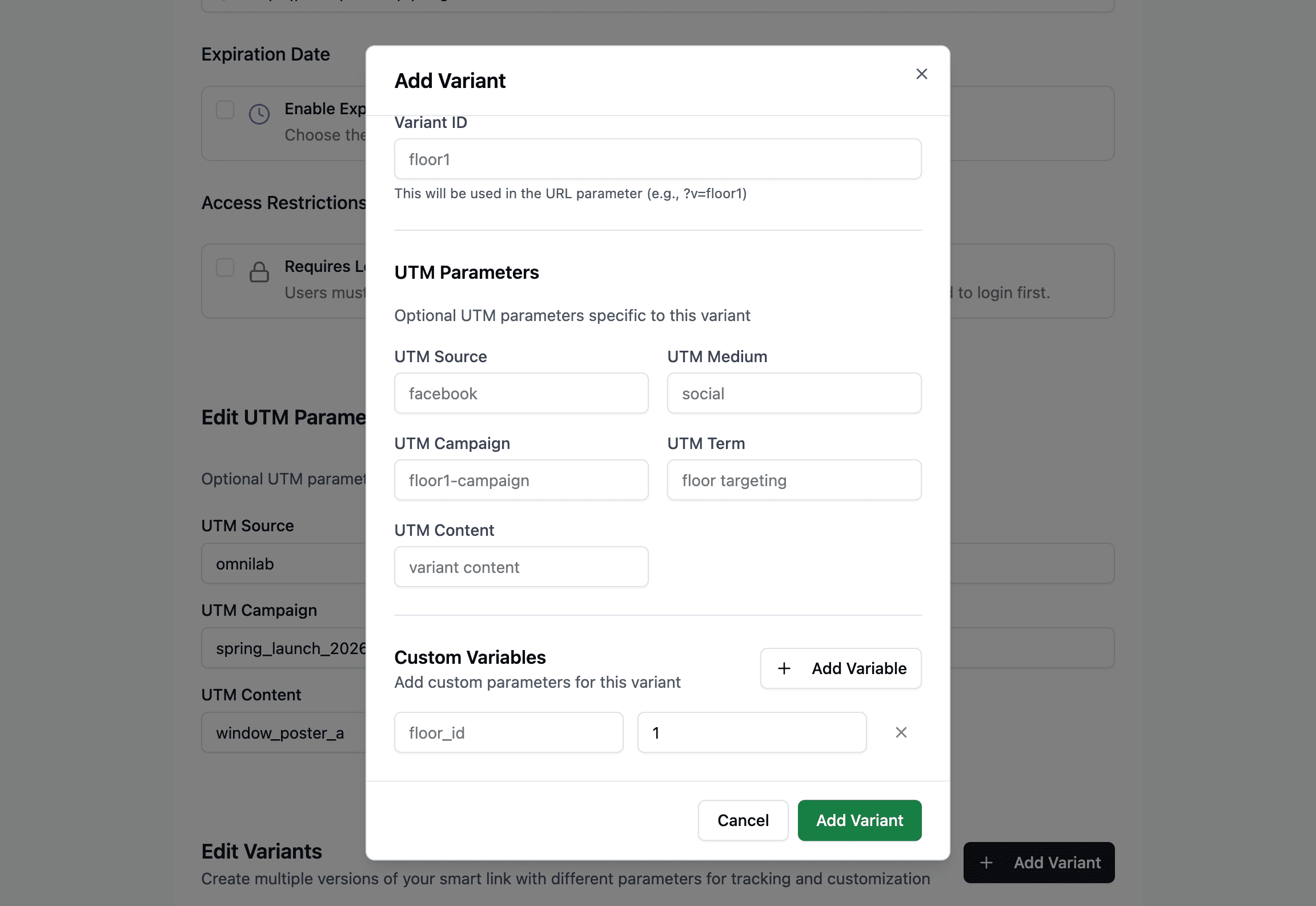 Add Variant dialog with variant UTM fields and a Custom Variables row (floor_id example)