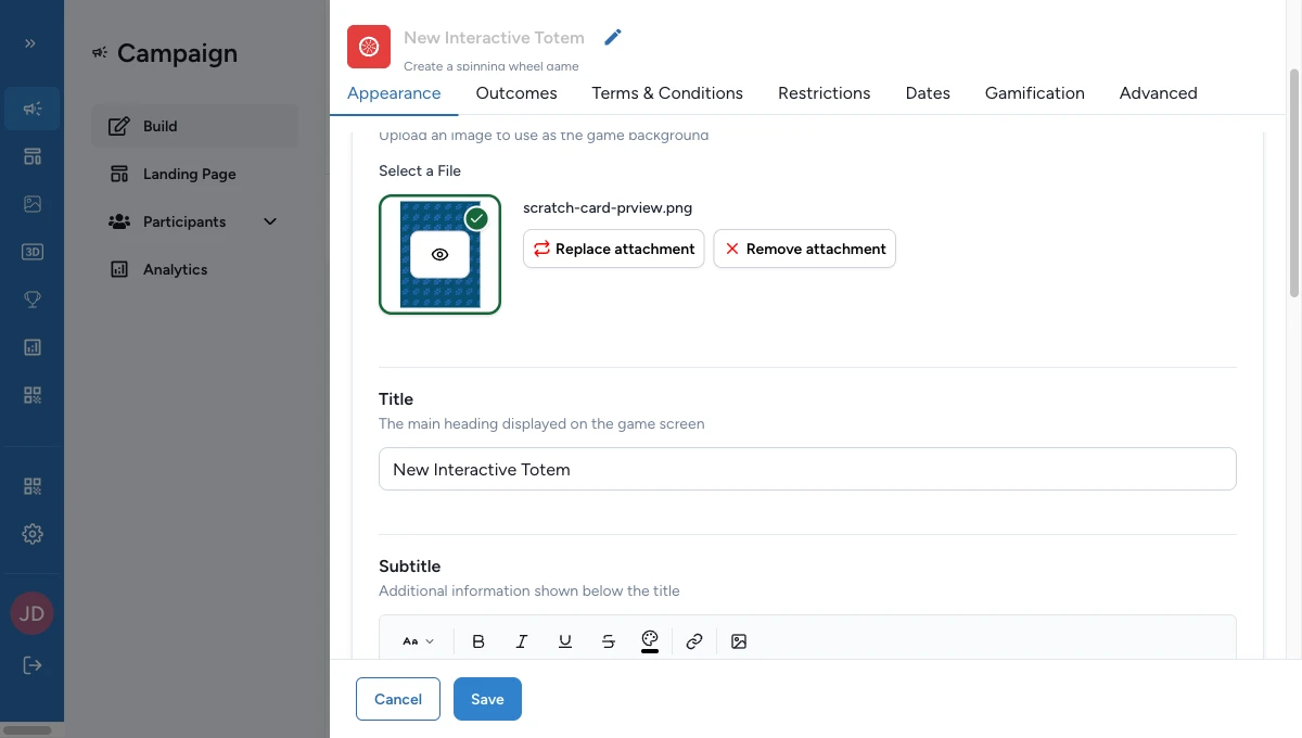 Receipt Game appearance tab with banner image, title, subtitle, details, and host validation message