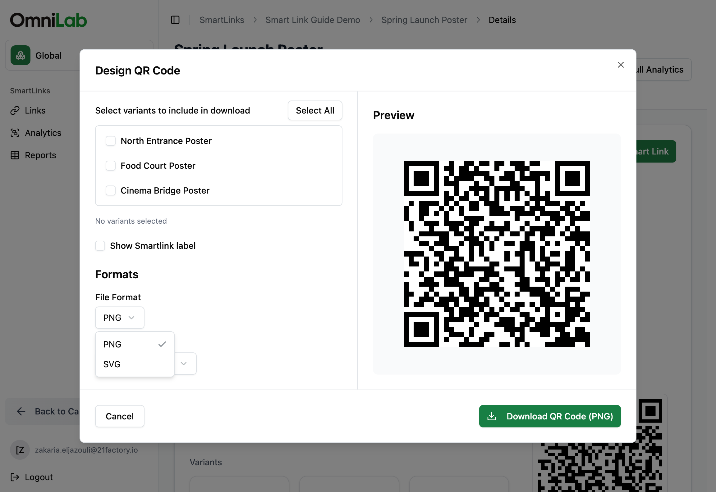 File Format dropdown showing PNG and SVG in the Design QR Code dialog