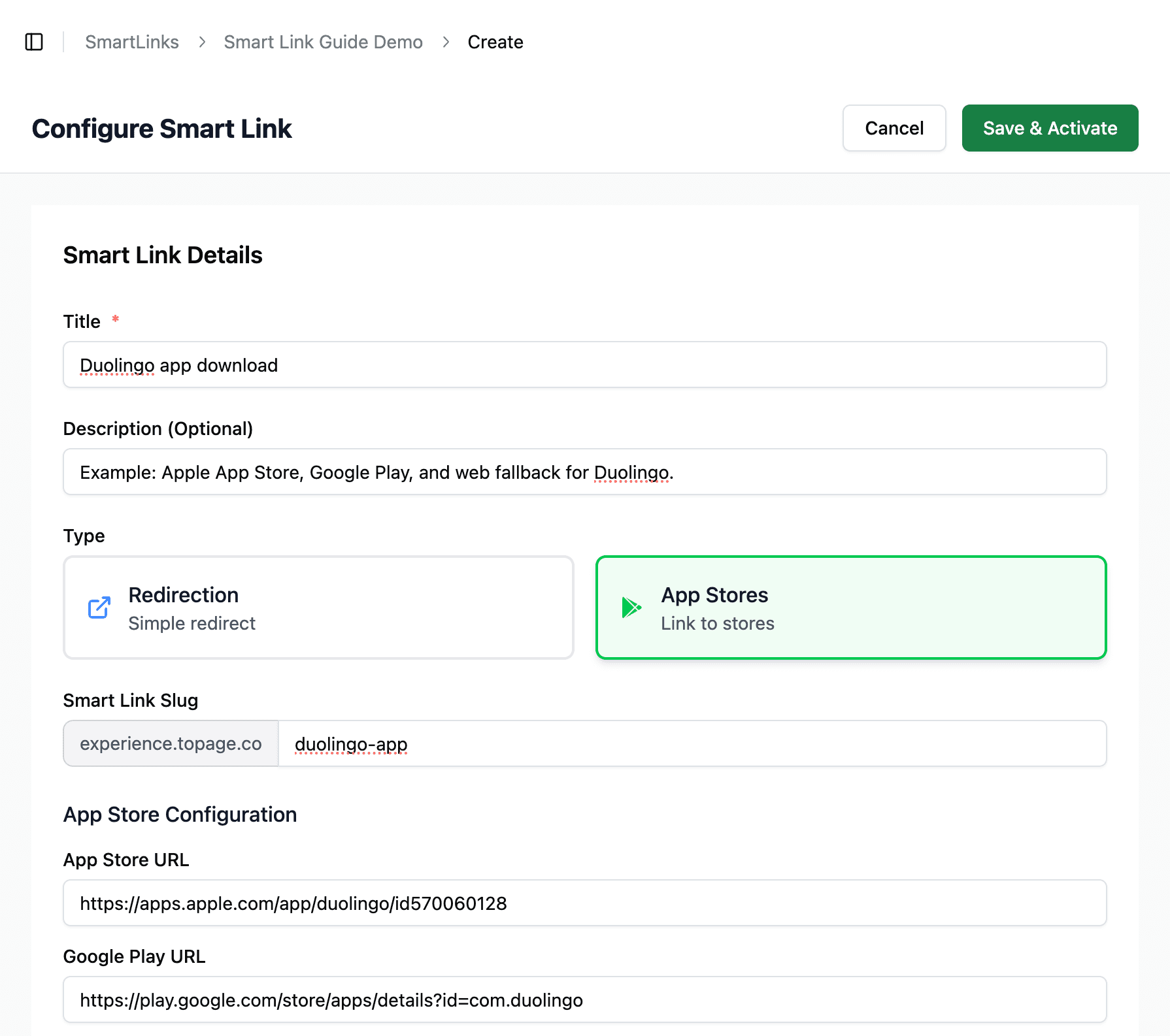 Configure Smart Link form with title, description, type App Stores, and smart link slug filled using Duolingo as an example