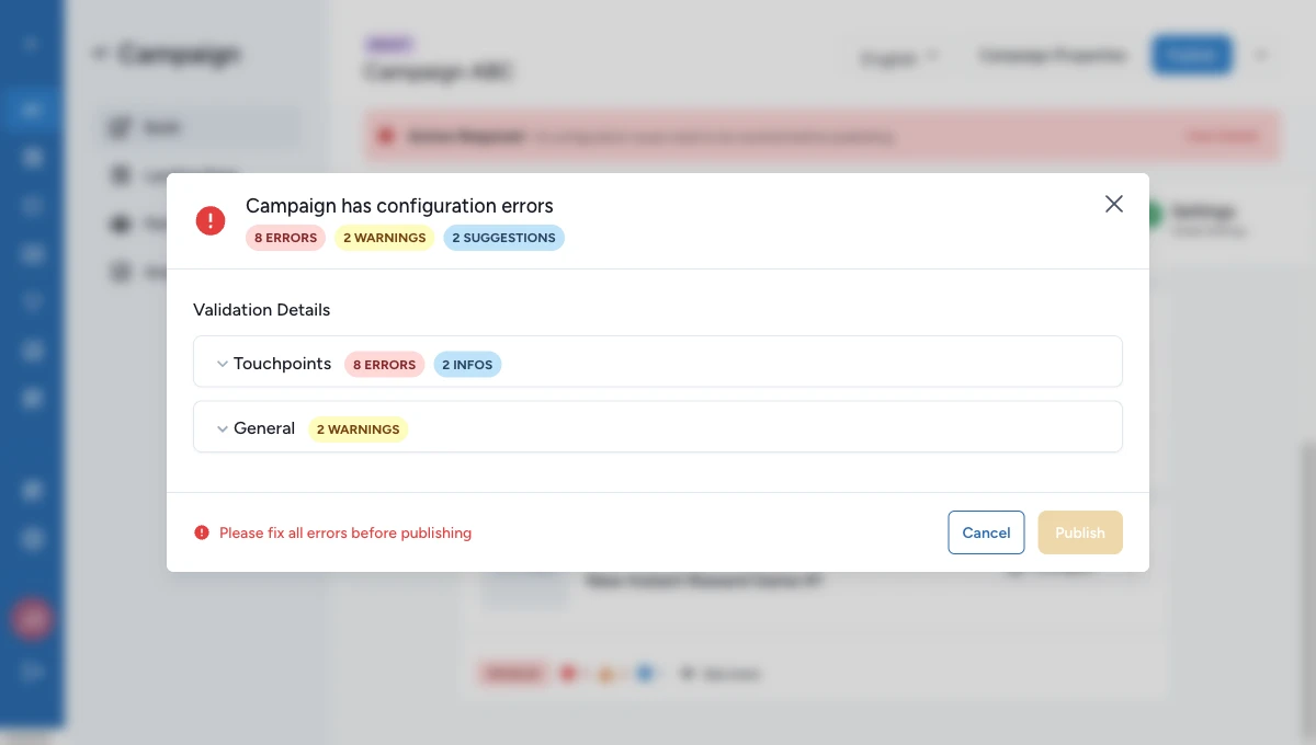 Publish validation modal showing campaign check results