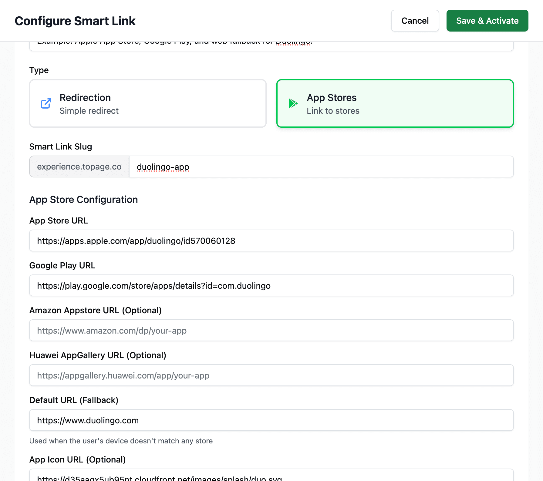 App Store Configuration with Apple and Google Play URLs filled for the example app