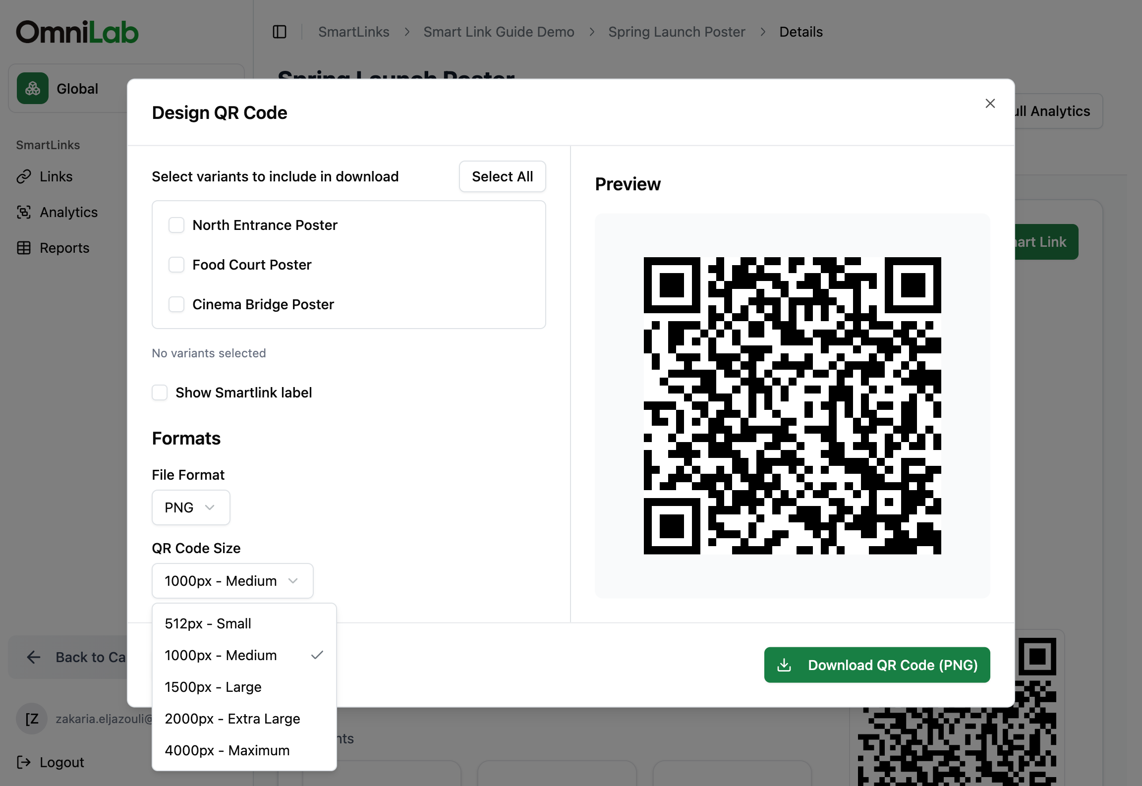 QR Code Size dropdown with PNG presets from 512px Small through 4000px Maximum