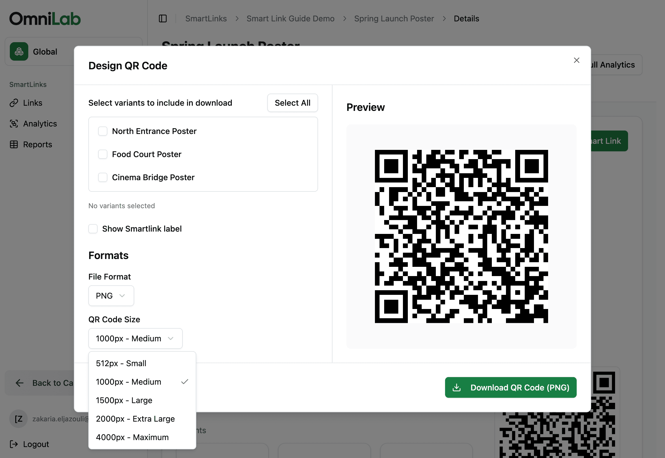 QR Code Size dropdown with PNG presets from 512px Small through 4000px Maximum