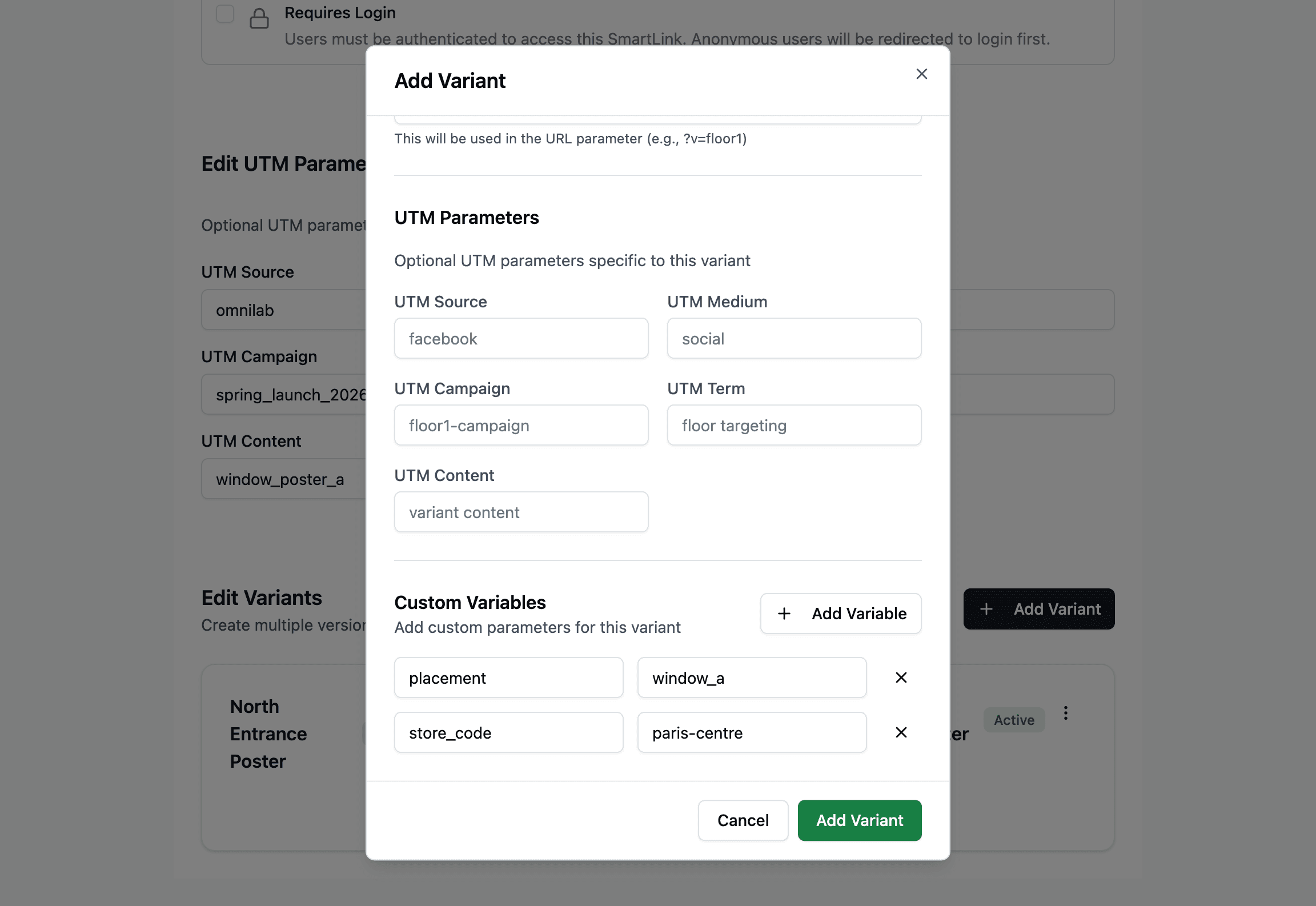 Add Variant form with the Custom Variables section, two key-value rows, and the Add Variable action