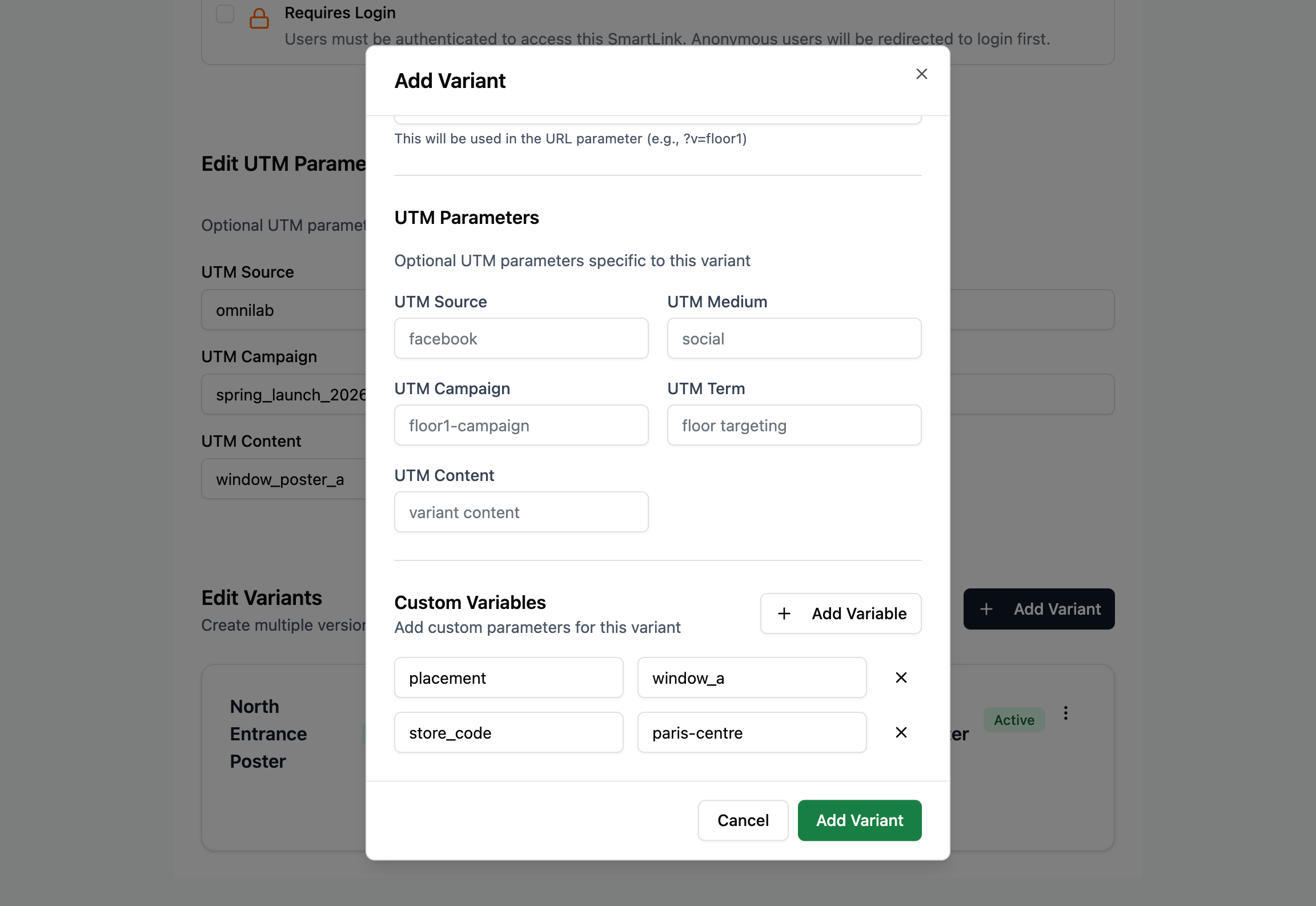 Formulaire Add Variant avec la section Custom Variables, deux lignes clé–valeur et l'action Add Variable