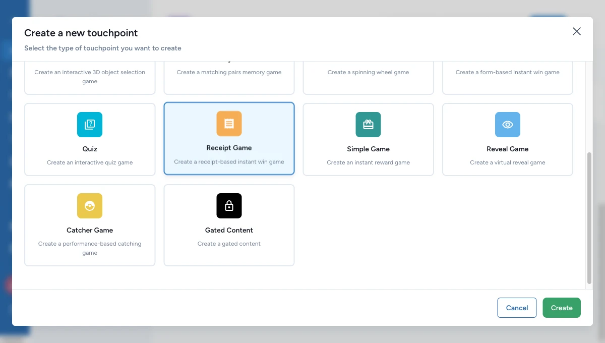 Participant receipt game page with upload button and receipt-processing result drawer