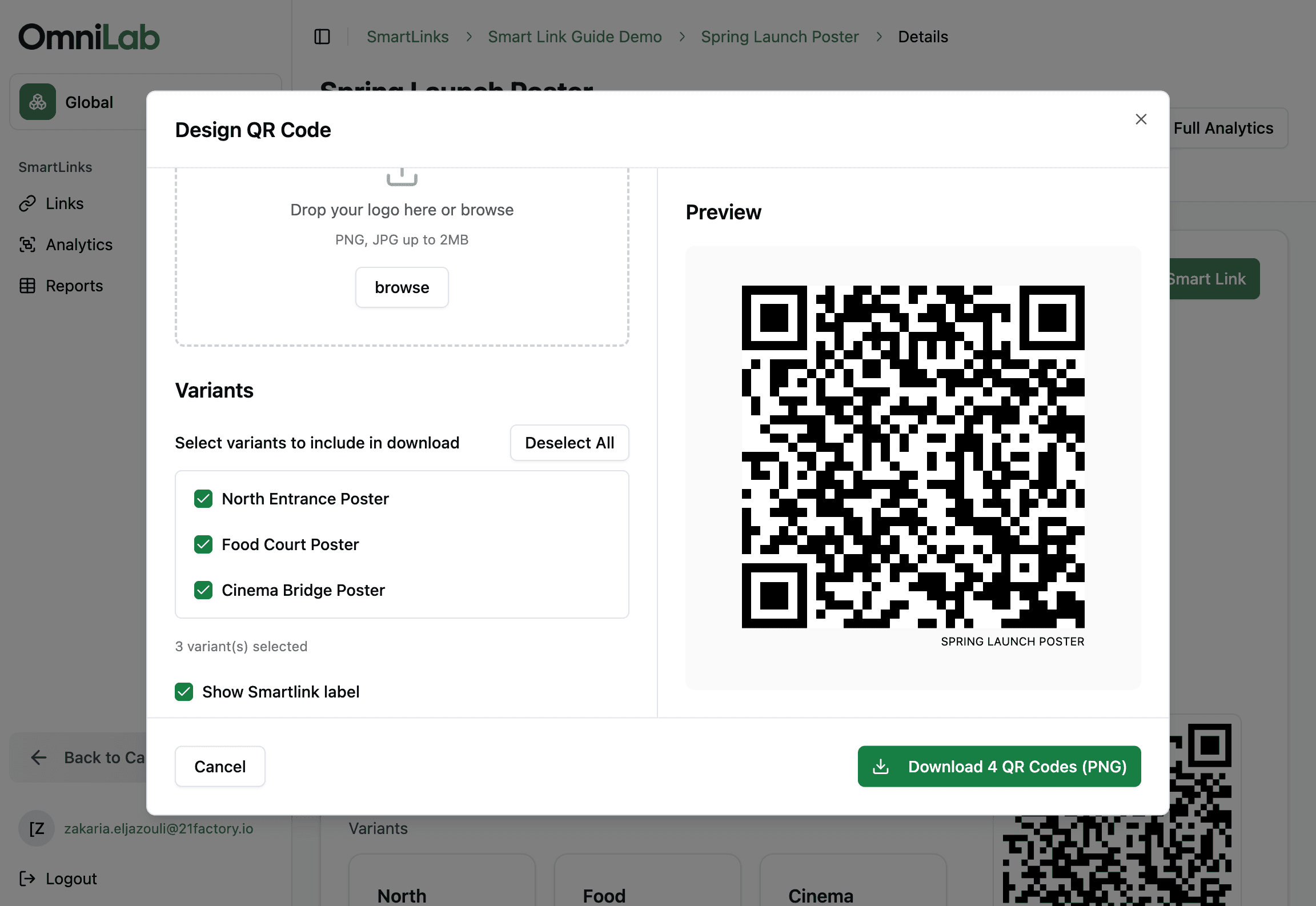 Design QR Code modal with three variants selected, Show Smartlink label on, and multi-file download