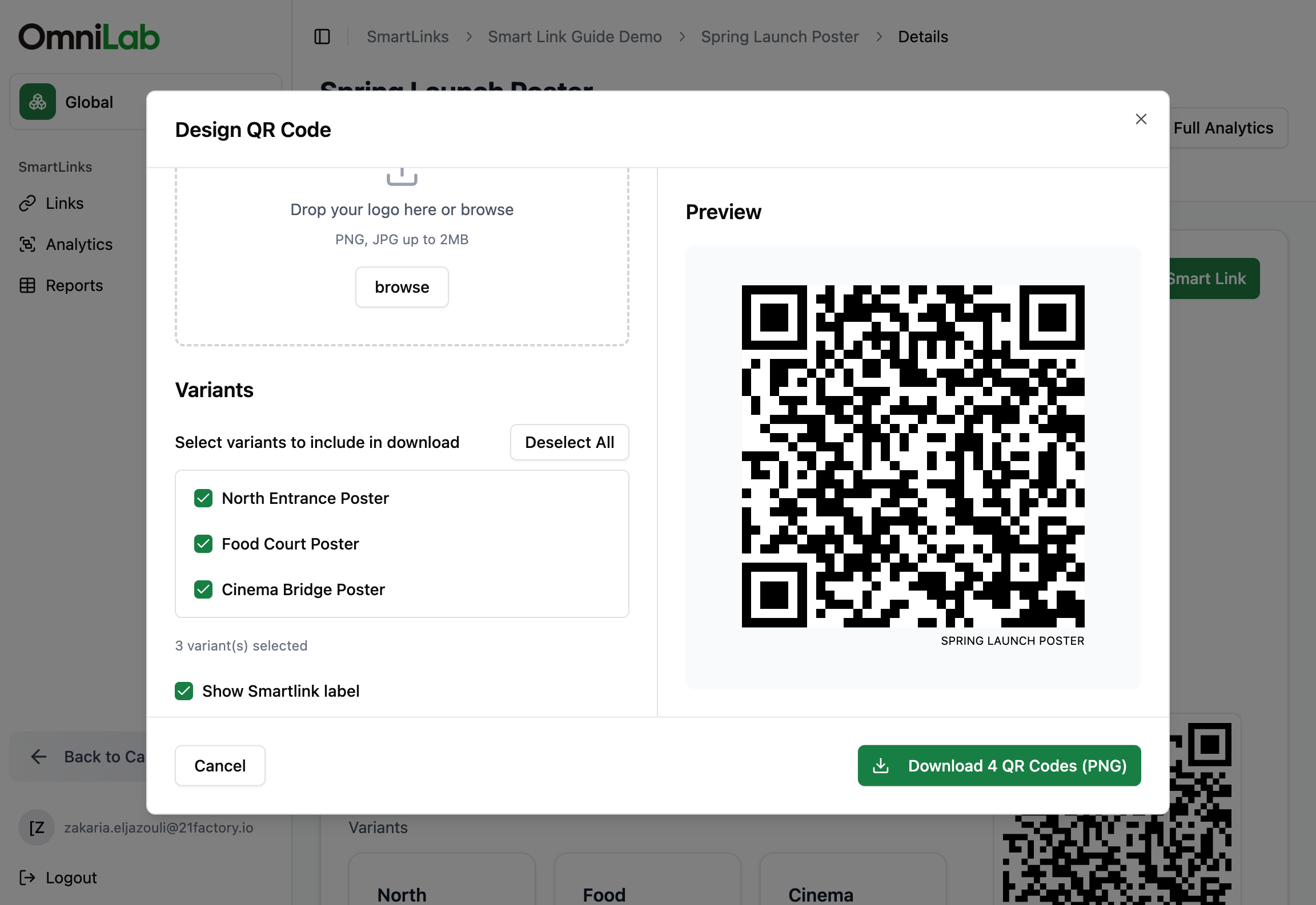 Design QR Code modal with three variants selected, Show Smartlink label on, and multi-file download