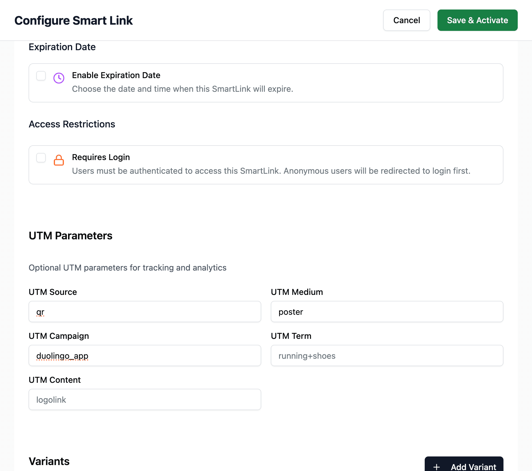 Expiration Date, Access Restrictions, and UTM Parameters on the same page