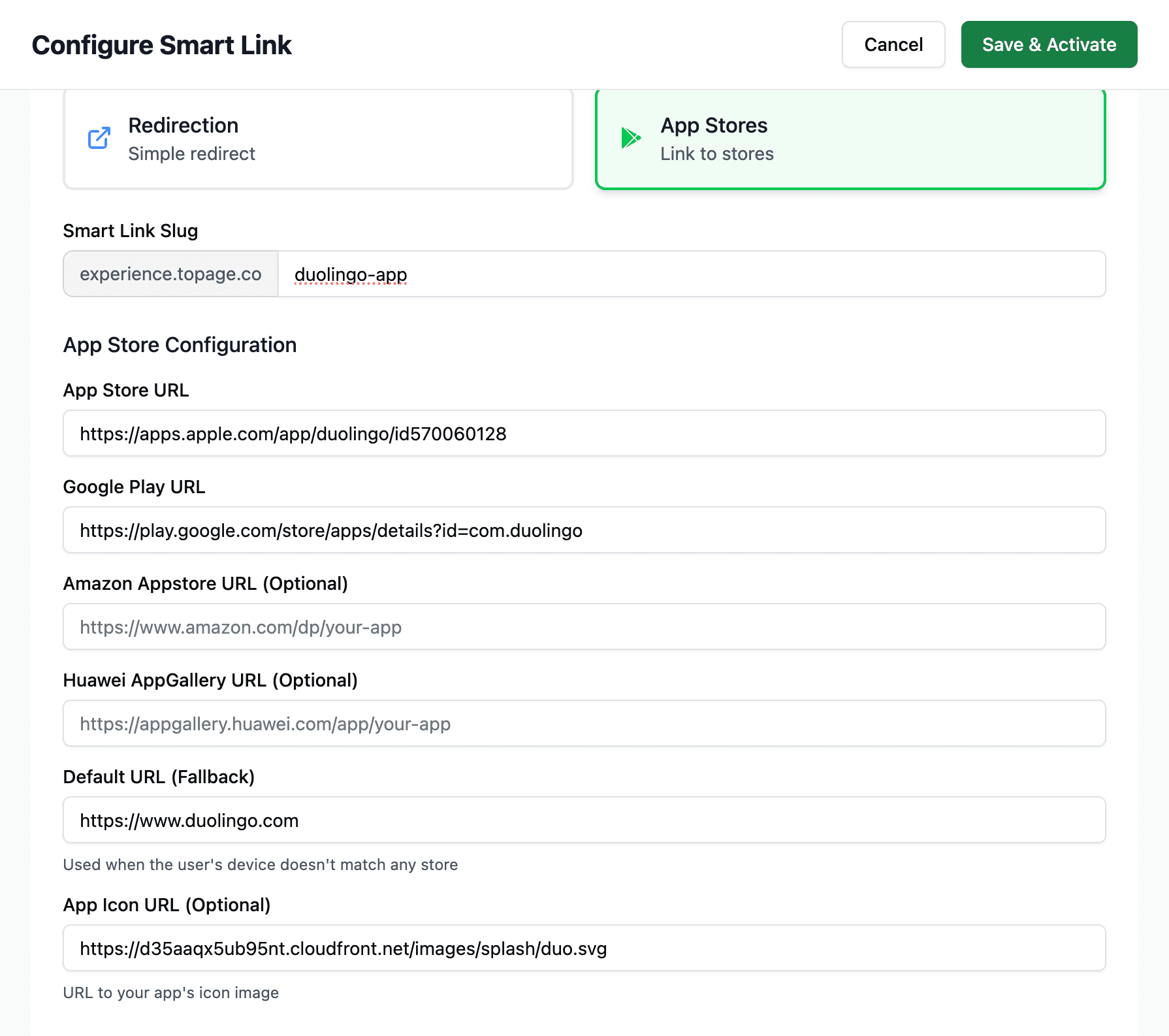 Configure Smart Link header with Cancel and Save & Activate after filling store URLs