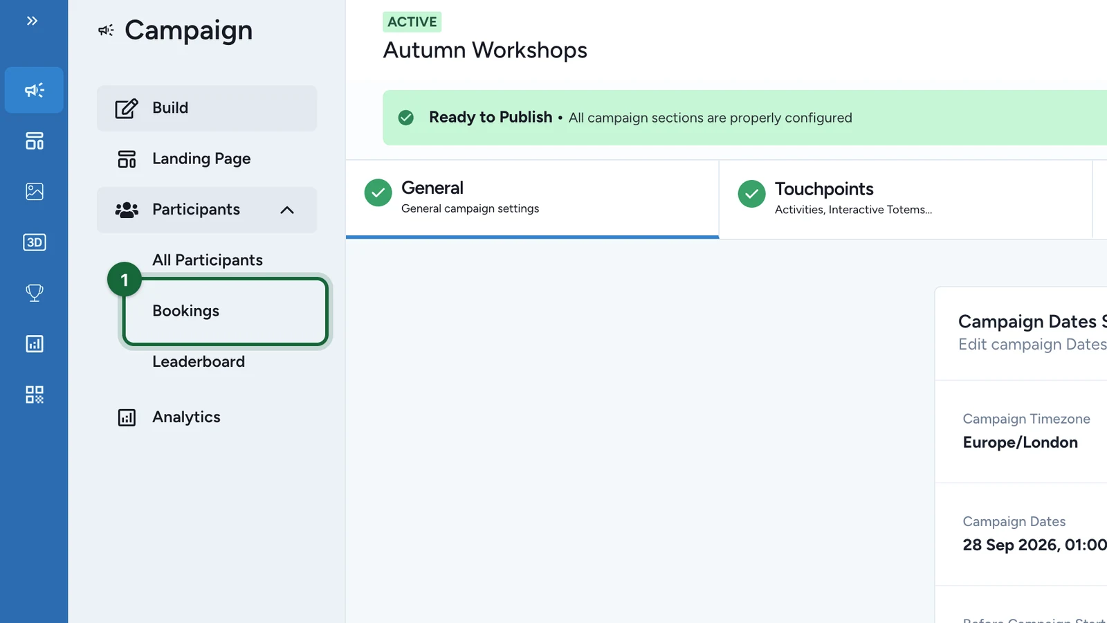 Campaign menu with Participants open and Bookings highlighted