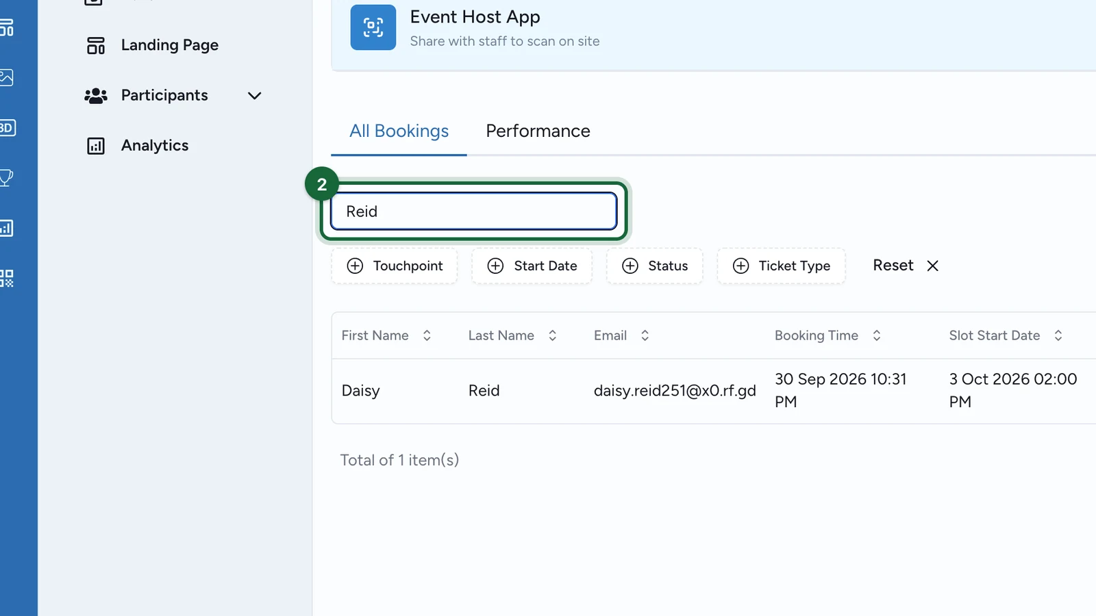 Bookings searched for Reid, with the Search box highlighted and Daisy Reid's booking below