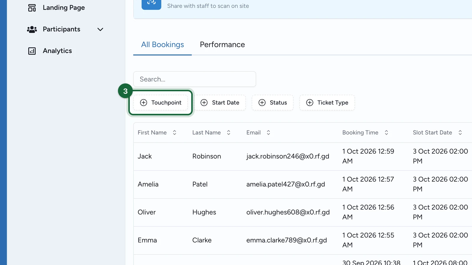 Bookings filters with Touchpoint highlighted