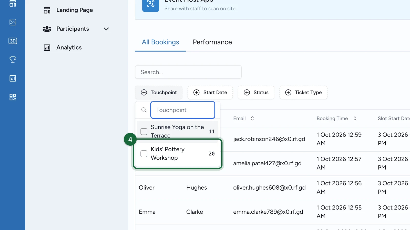 Touchpoint filter open, with Kids' Pottery Workshop highlighted