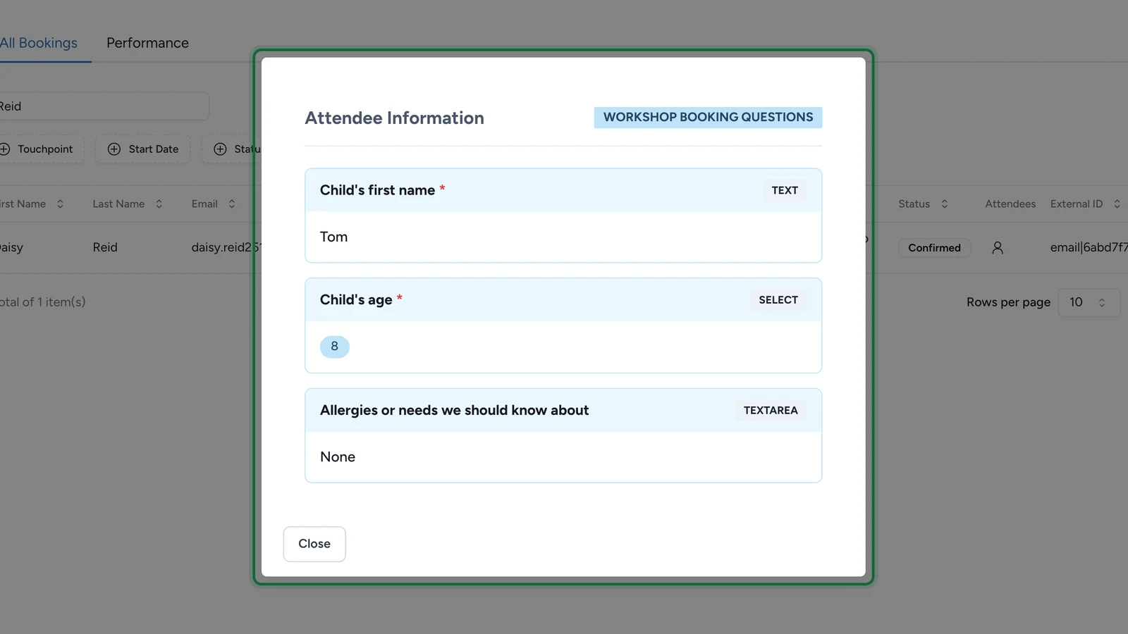 Attendee Information window with the child's first name, age and allergies
