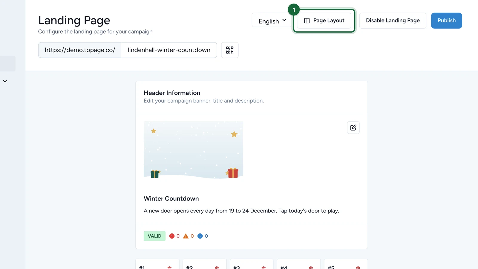 Landing Page with the Page Layout button highlighted