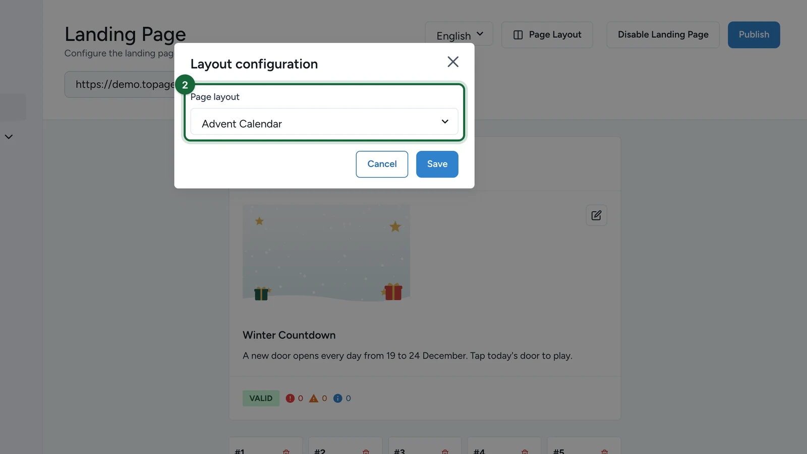 Layout configuration window with Advent Calendar chosen, highlighted