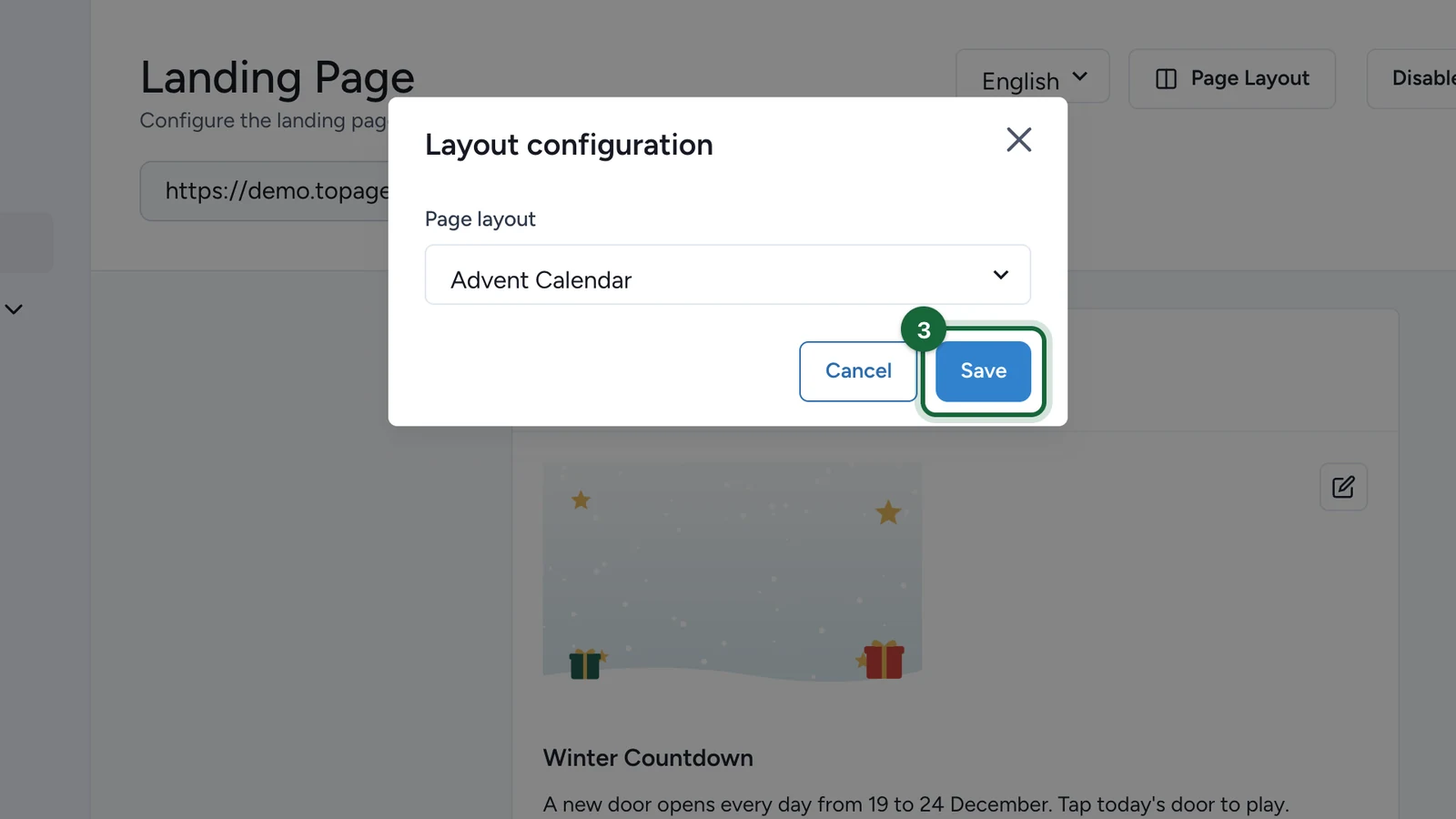 Layout configuration window with the Save button highlighted