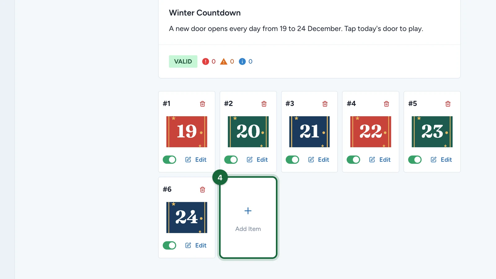 Calendar with six doors and the Add Item tile highlighted