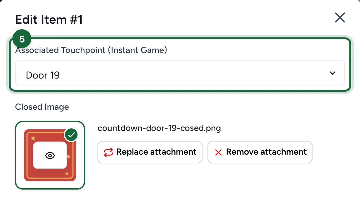 Edit Item #1, the settings of door #1, with Door 19 chosen as its touchpoint, highlighted