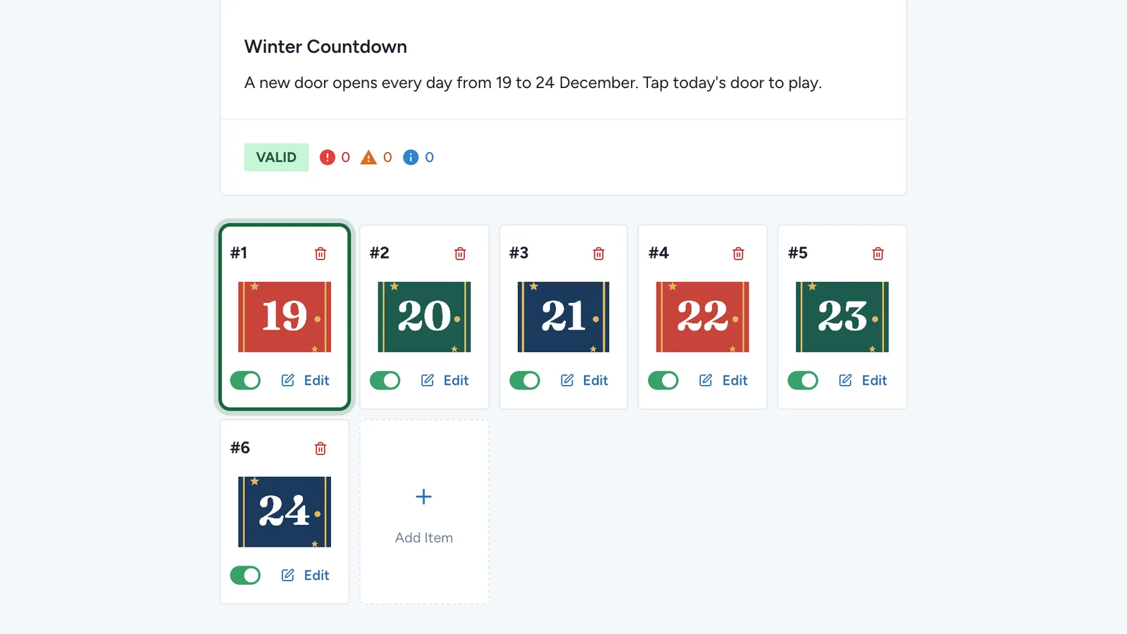 The six doors of the Winter Countdown, with door #1 (Door 19) highlighted