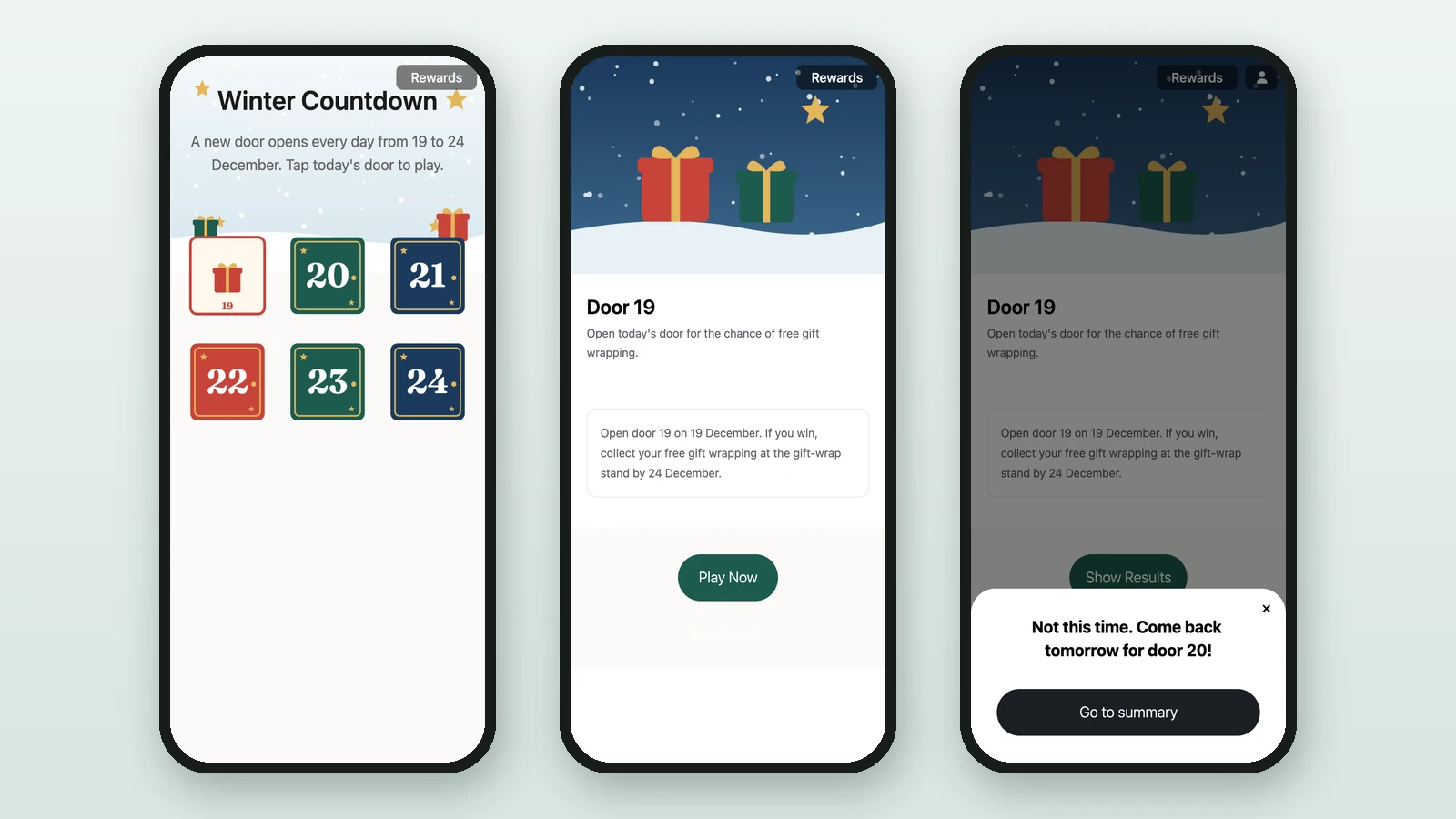 The Winter Countdown on three phones: the grid with door 19 open, door 19's game, and its result