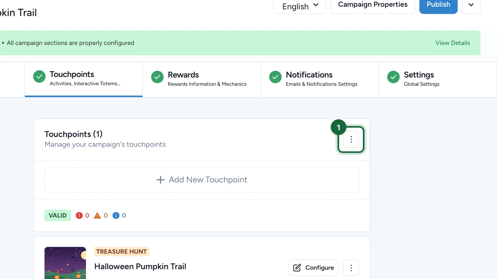 Touchpoints header with its menu button highlighted