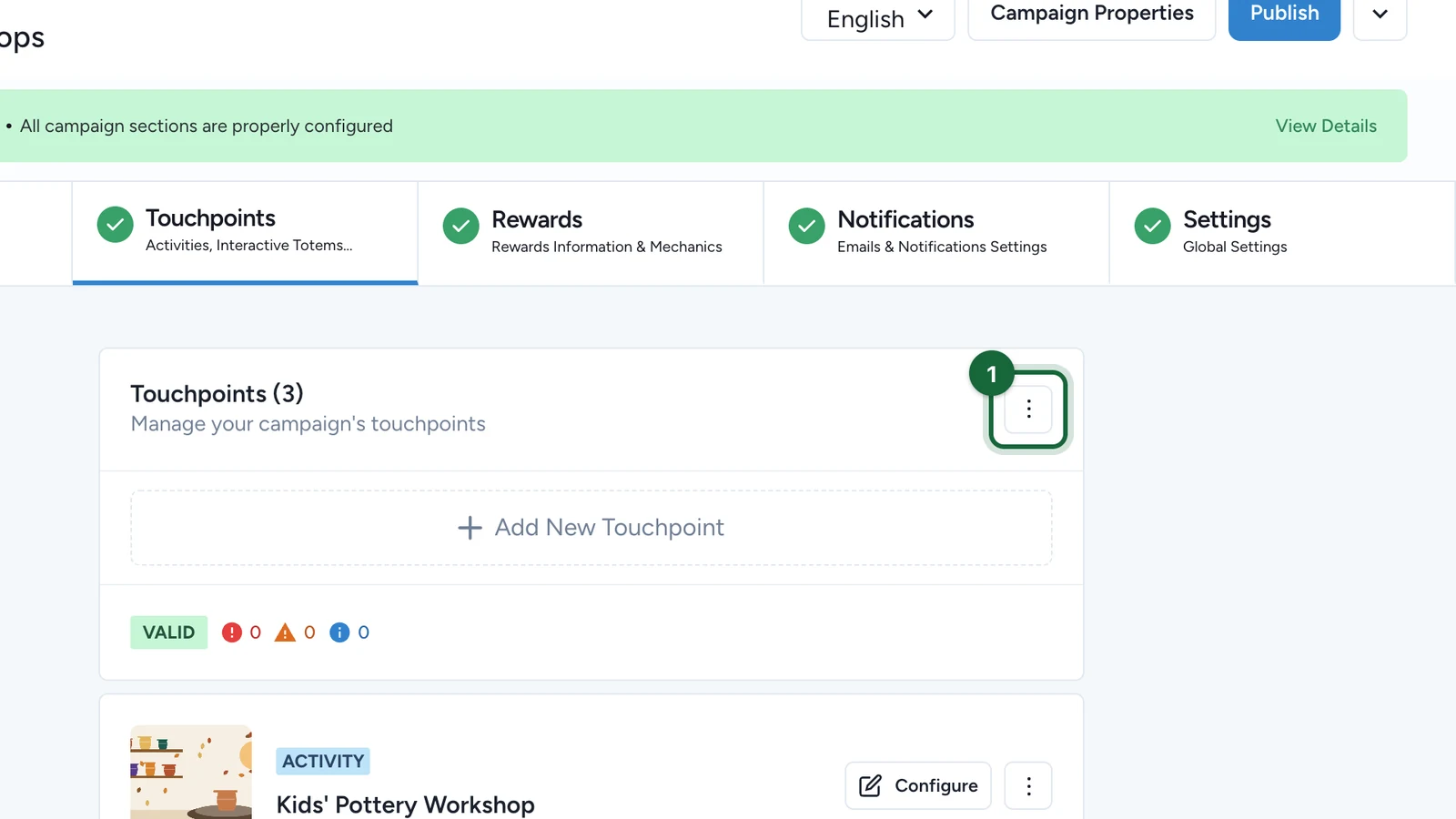 Touchpoints header with its menu button highlighted
