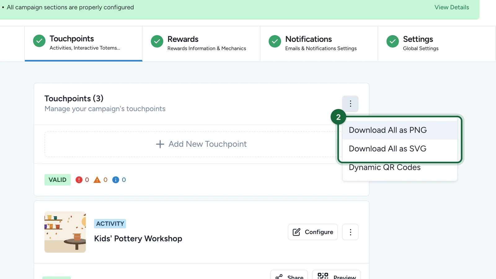 Touchpoints menu with Download All as PNG and Download All as SVG highlighted
