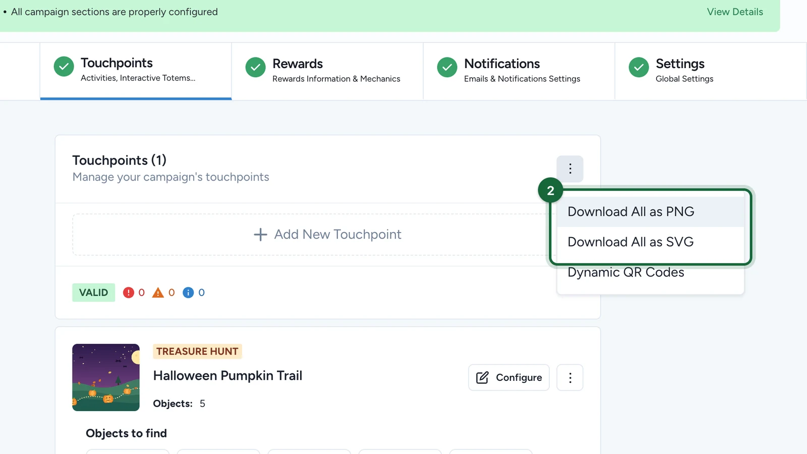 Touchpoints menu with Download All as PNG and Download All as SVG highlighted