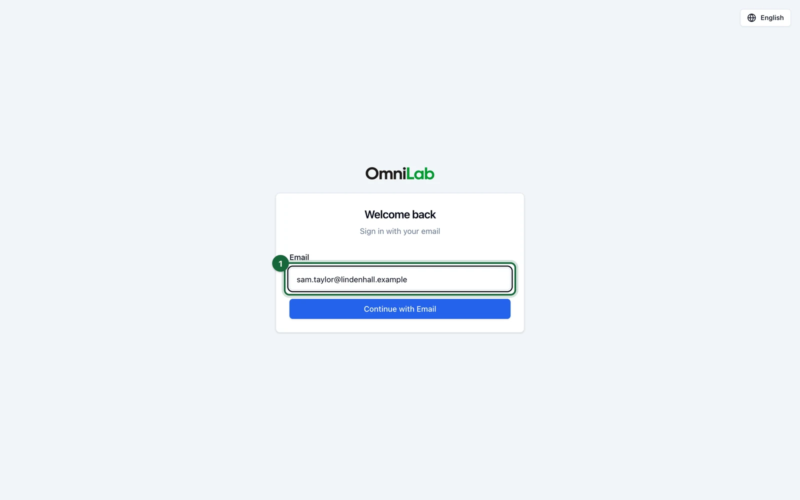 Studio sign-in page with sam.taylor@lindenhall.example in the Email field, highlighted