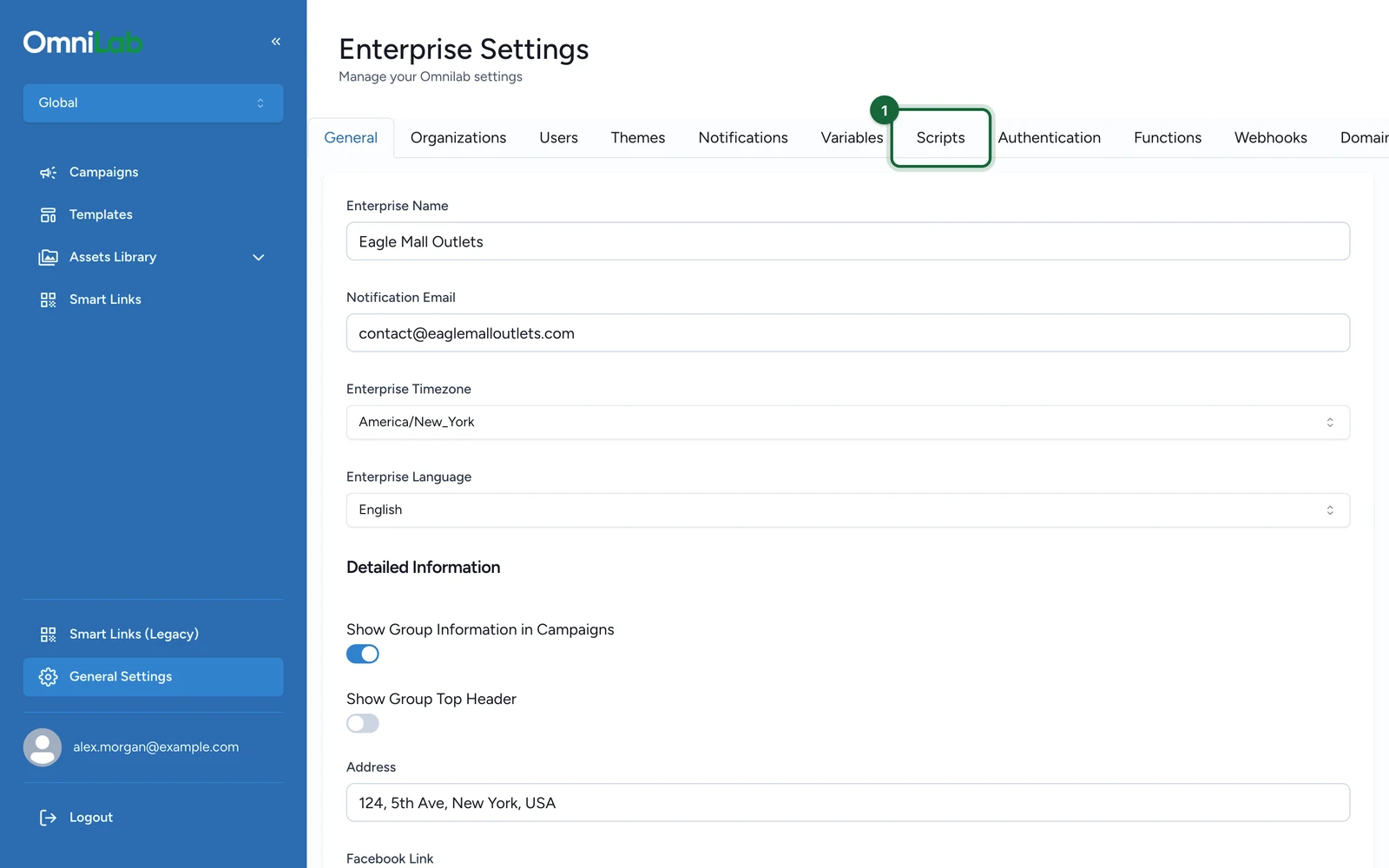 Enterprise Settings with the Scripts tab highlighted