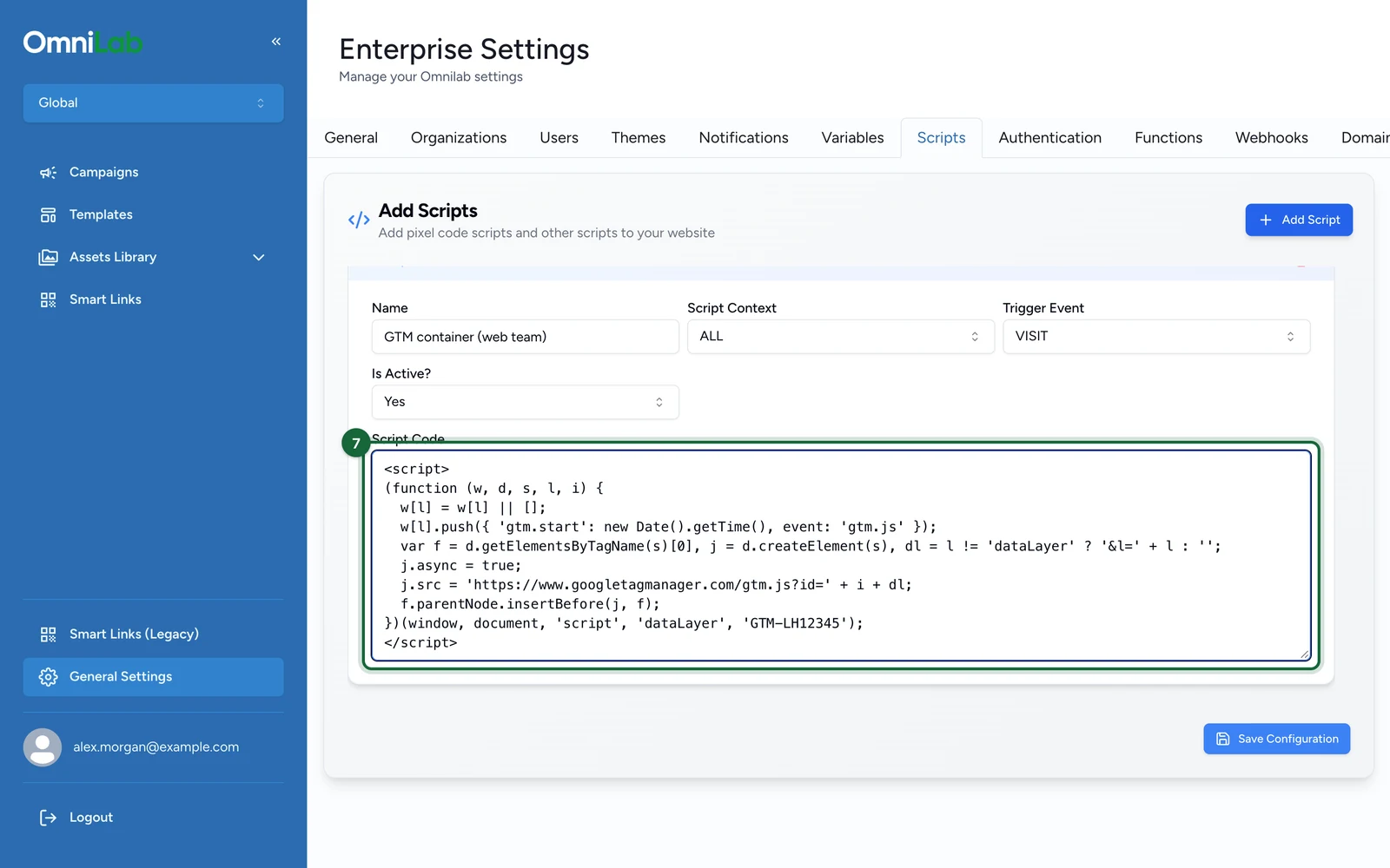 Script Code holding a tag manager snippet, highlighted
