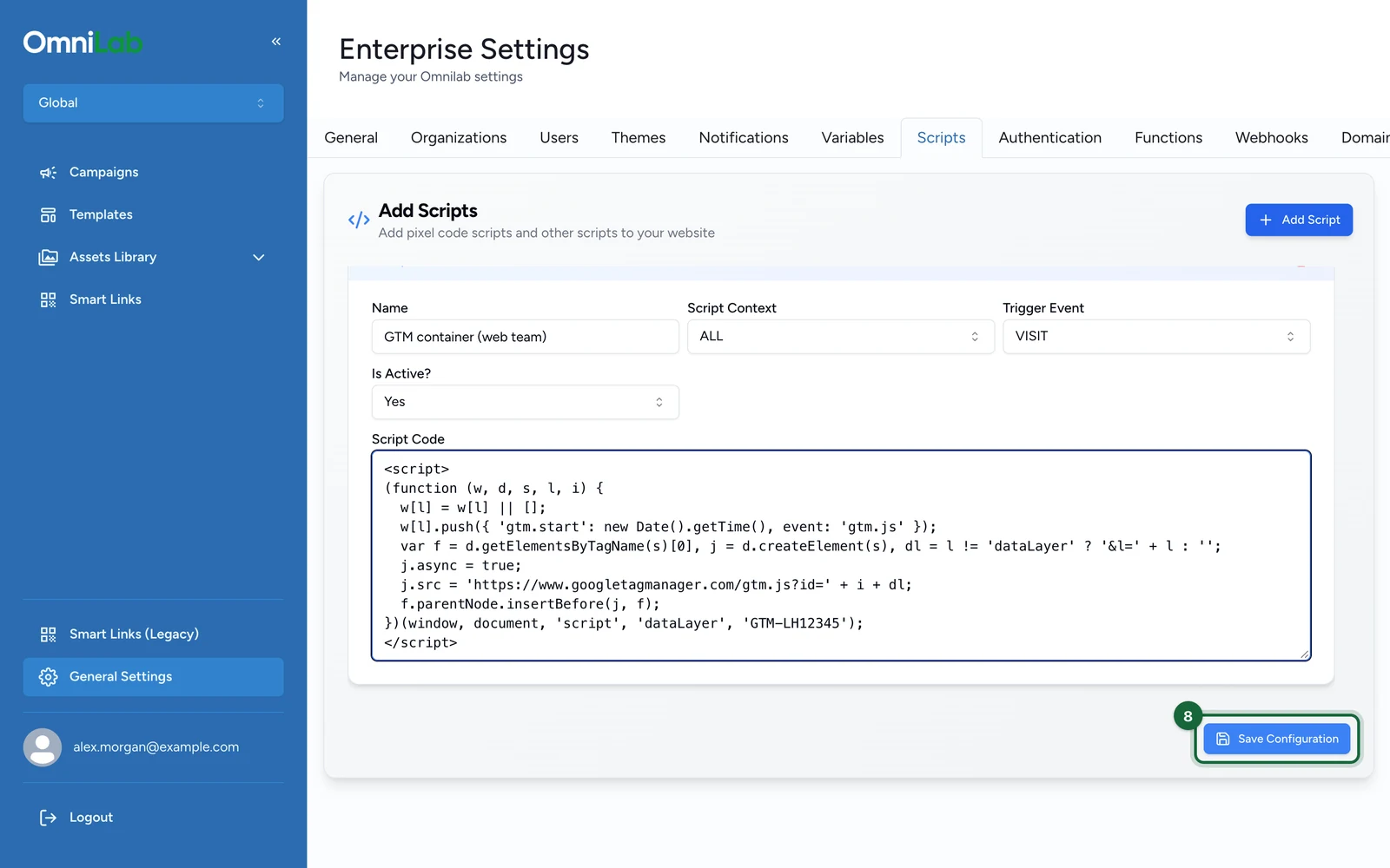 Scripts tab with the Save Configuration button highlighted