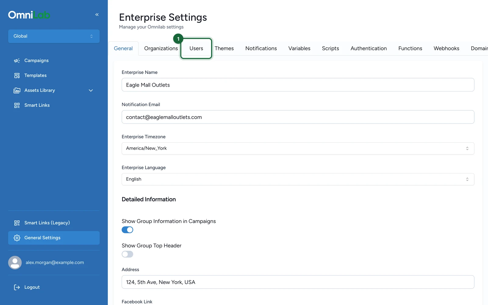Enterprise Settings with the Users tab highlighted