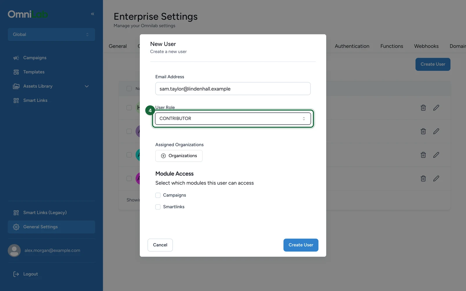New User window with User Role set to CONTRIBUTOR, highlighted