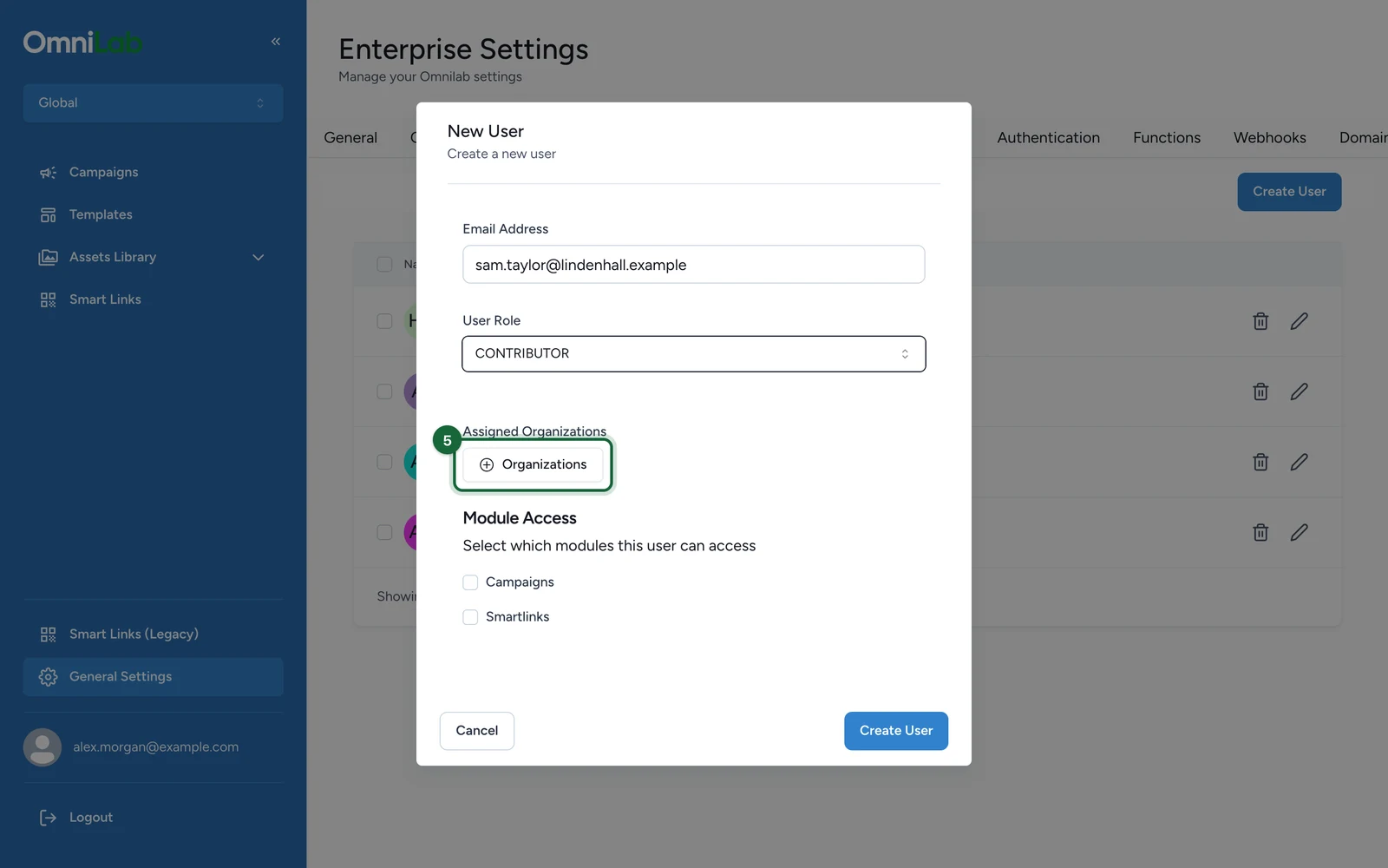 New User window with the Organizations button highlighted