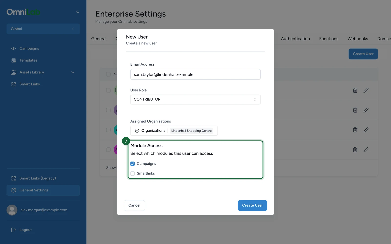 New User window with Module Access and Campaigns ticked, highlighted